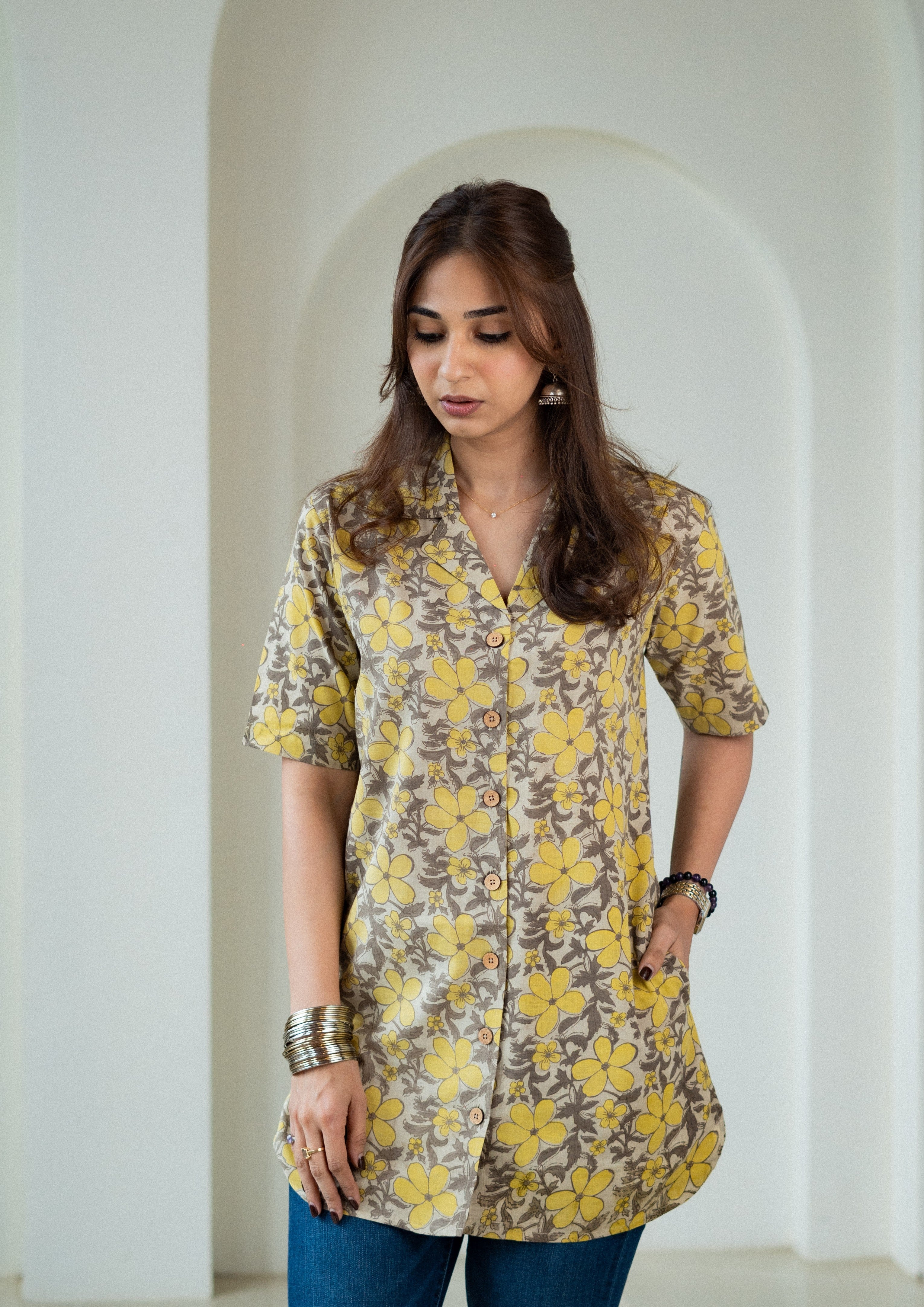 Mustard Floral Handblock Cotton Shirt Kurti