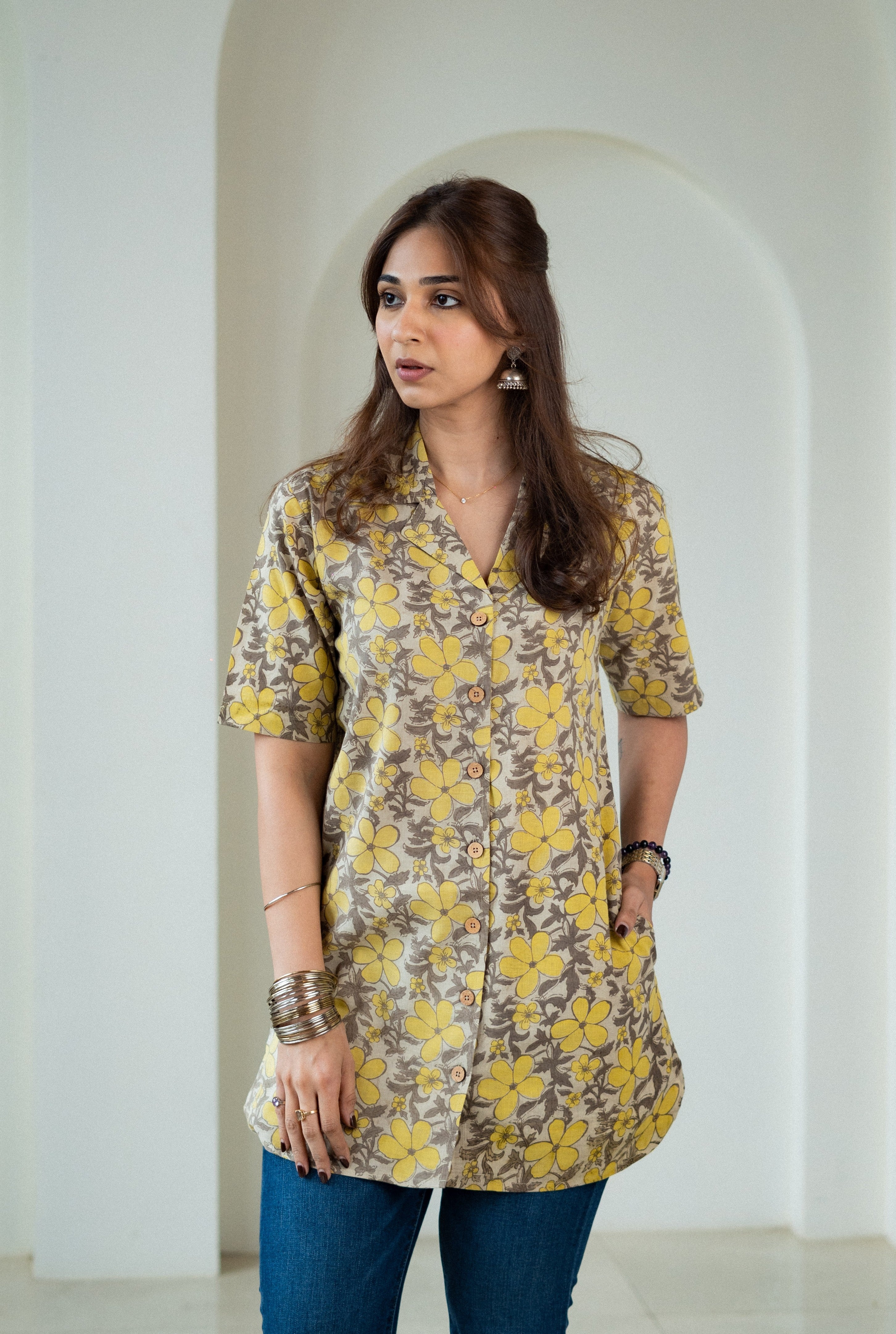 Mustard Floral Handblock Cotton Shirt Kurti