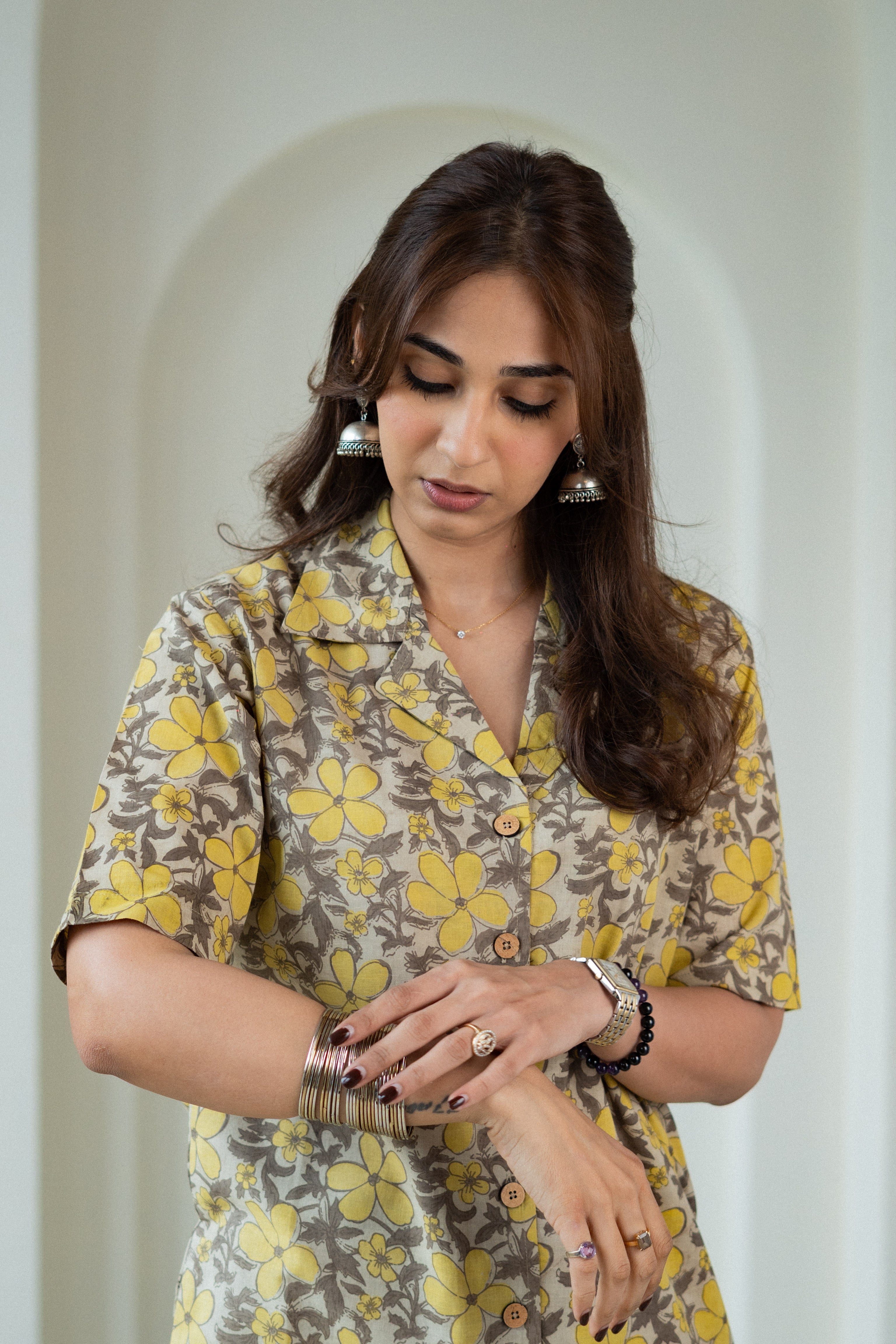 Mustard Floral Handblock Cotton Shirt Kurti