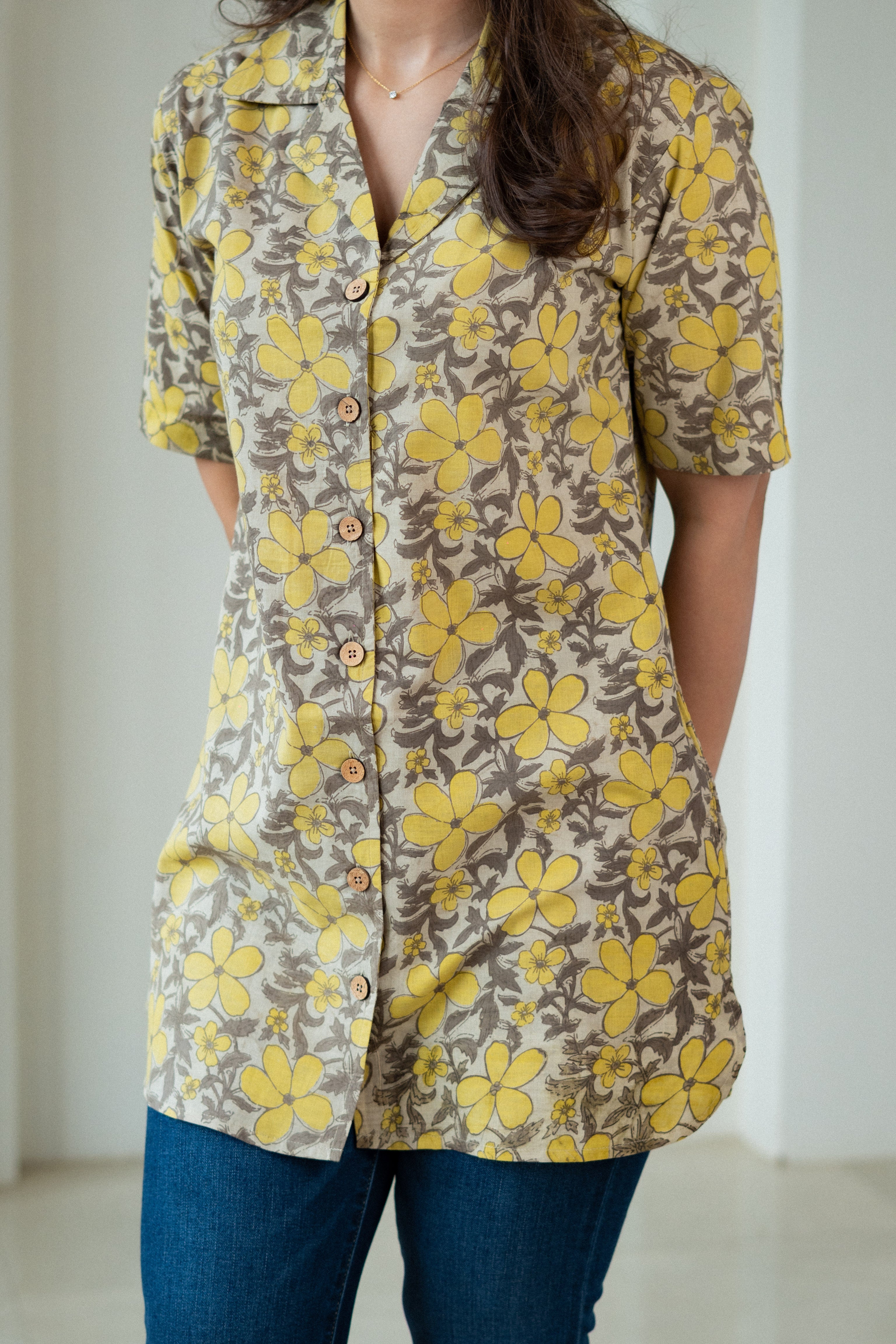 Mustard Floral Handblock Cotton Shirt Kurti