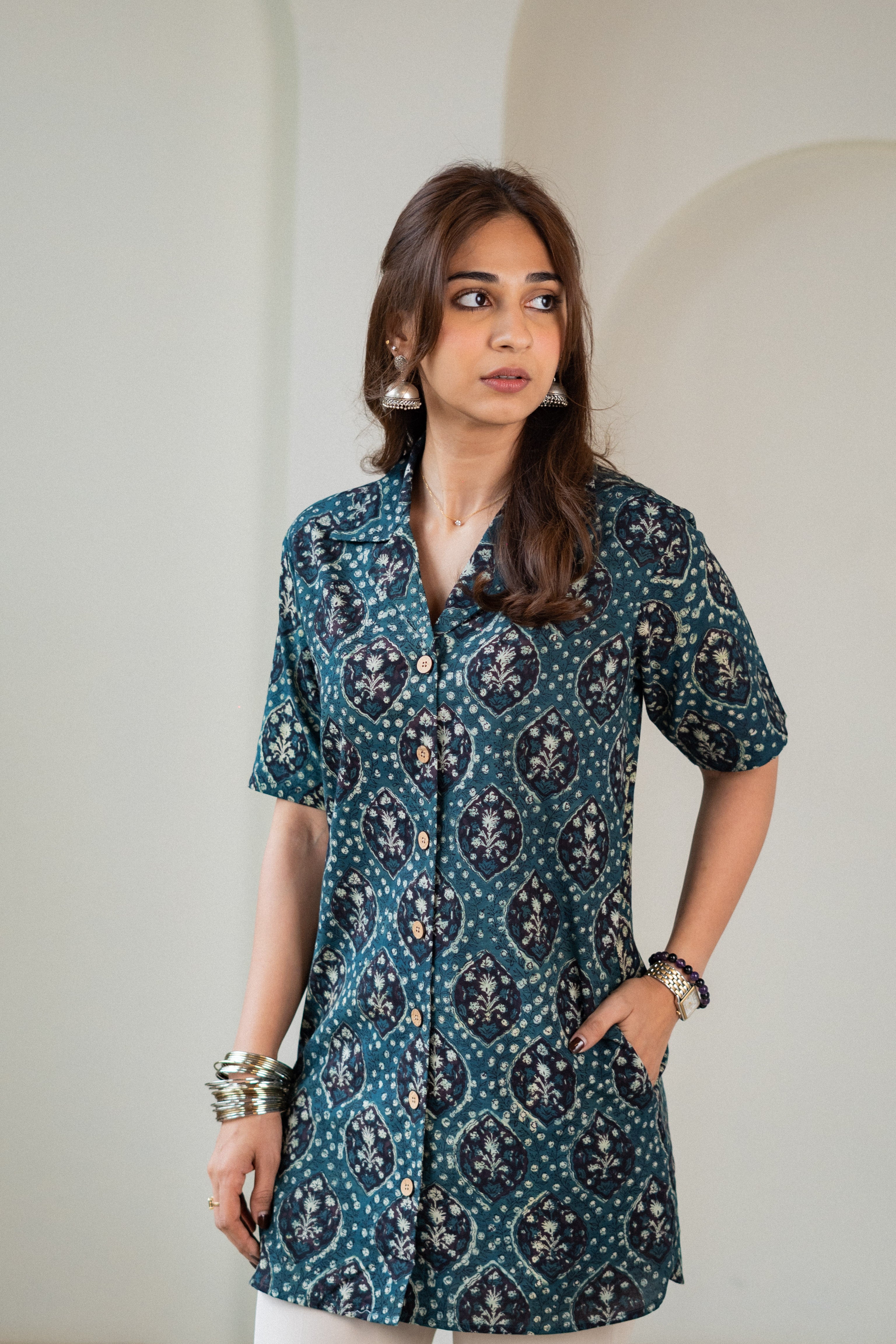 Harda Green Handblock Cotton Shirt Kurti