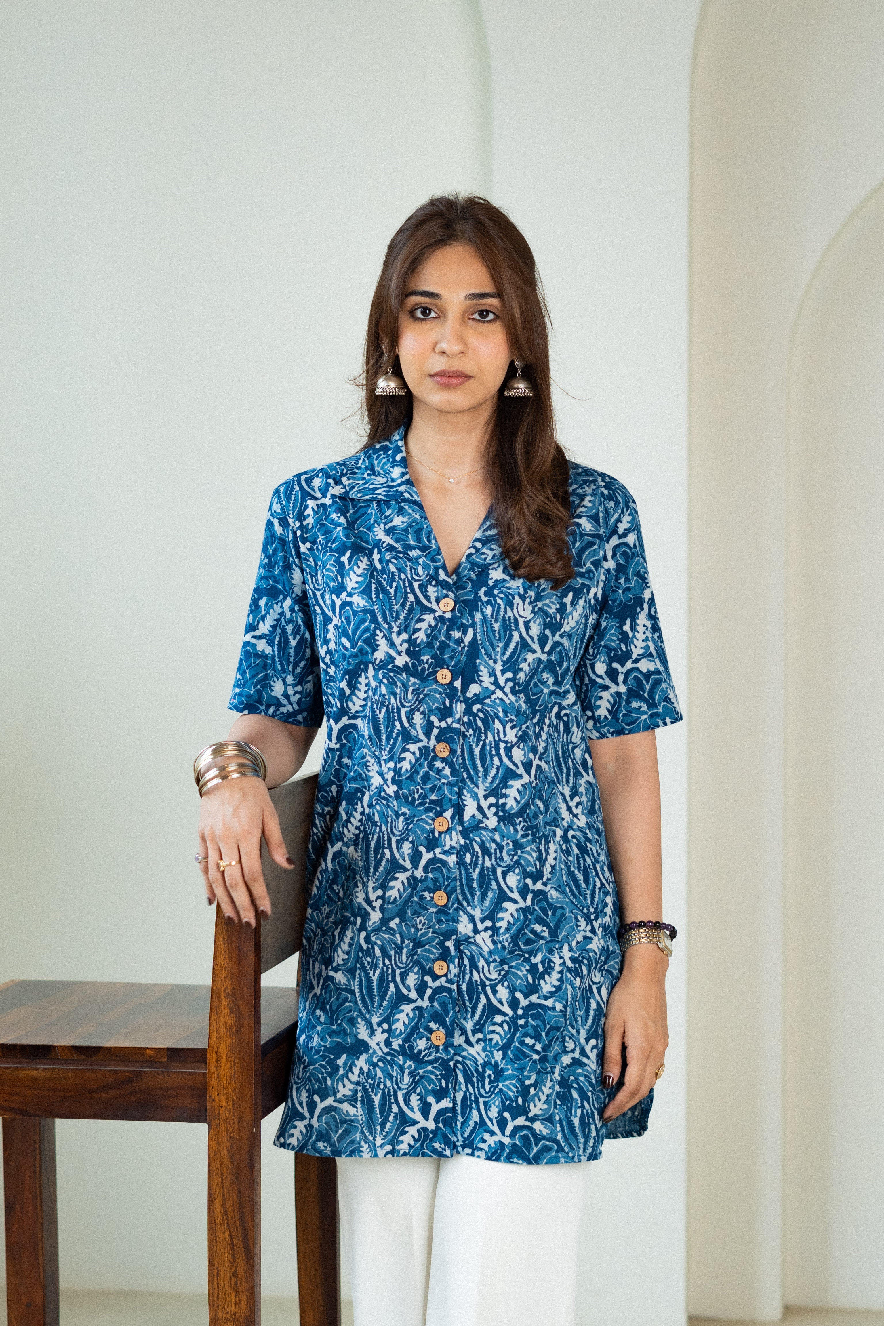 Blue Bagru Art Handblock Cotton Shirt Kurti