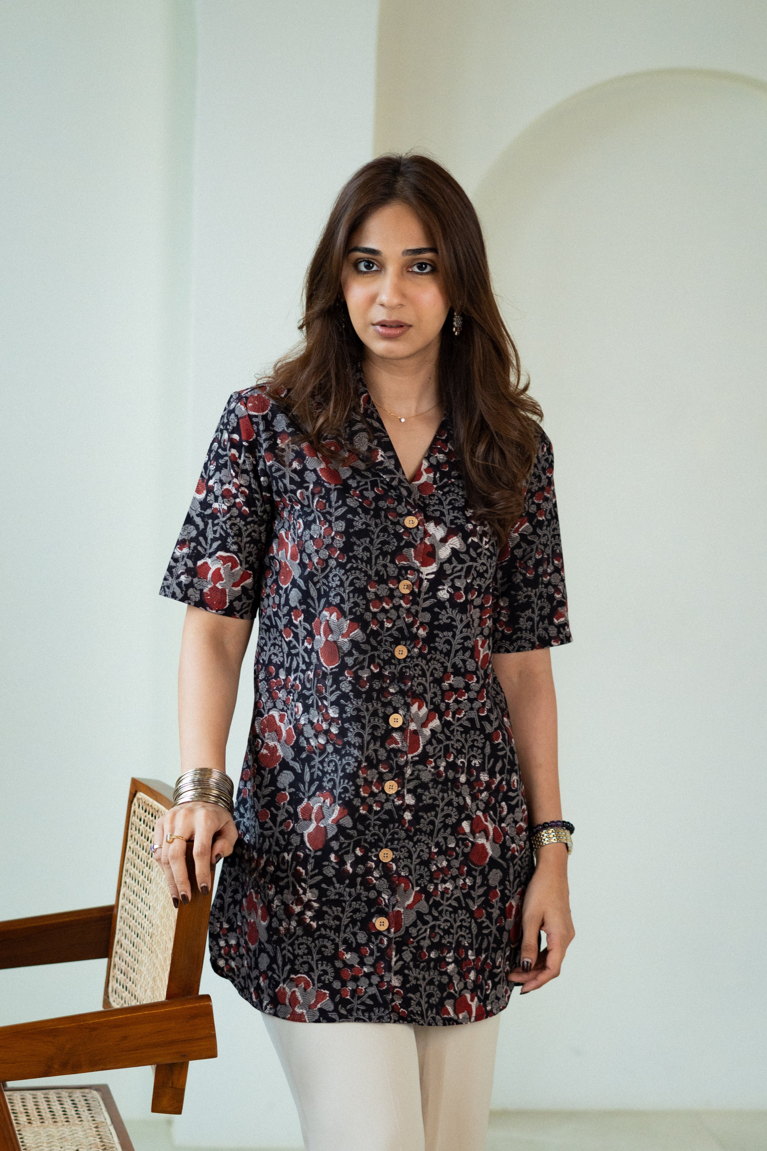 Black Maroon Floral Handblock Cotton Shirt Kurti