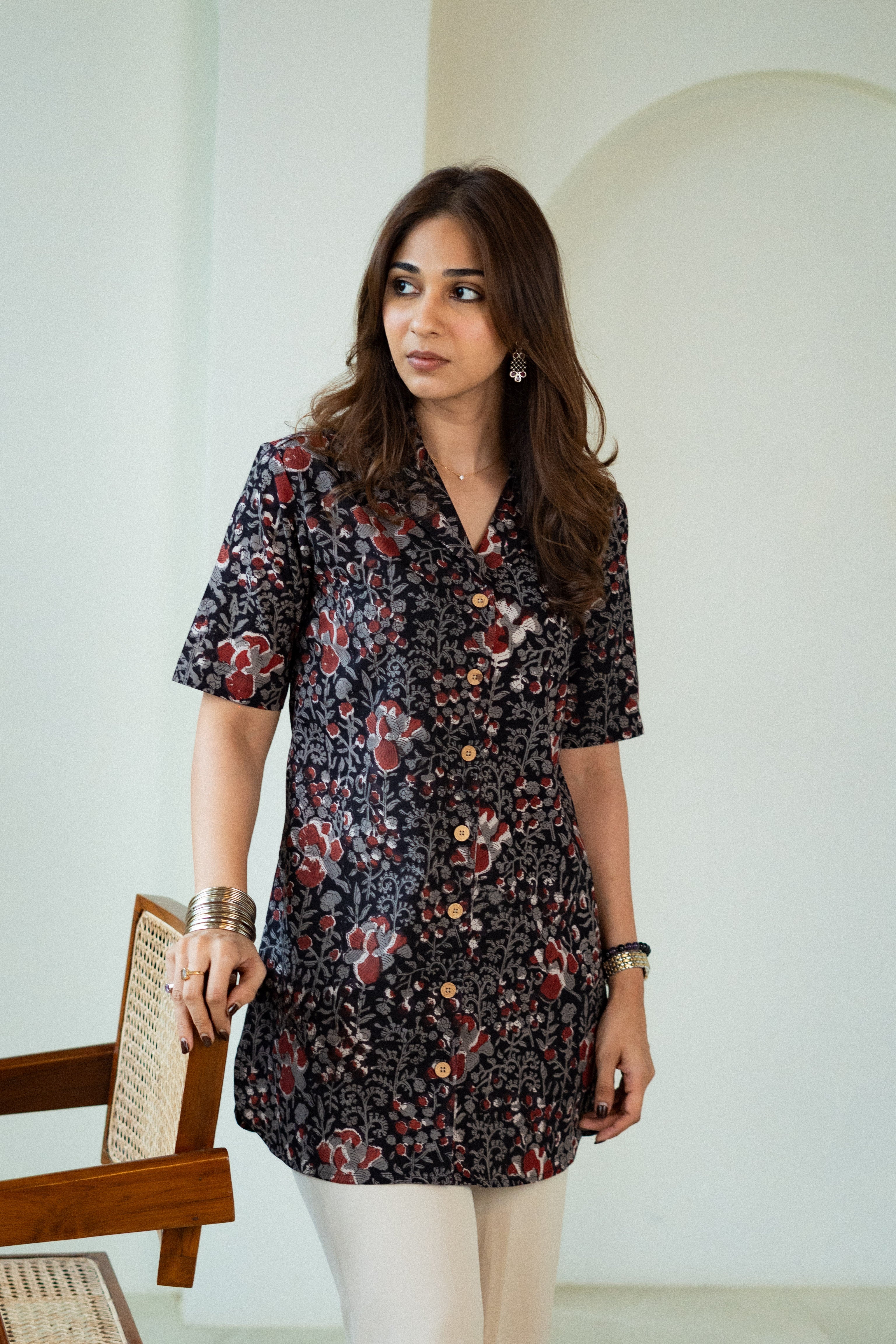 Black Maroon Floral Handblock Cotton Shirt Kurti