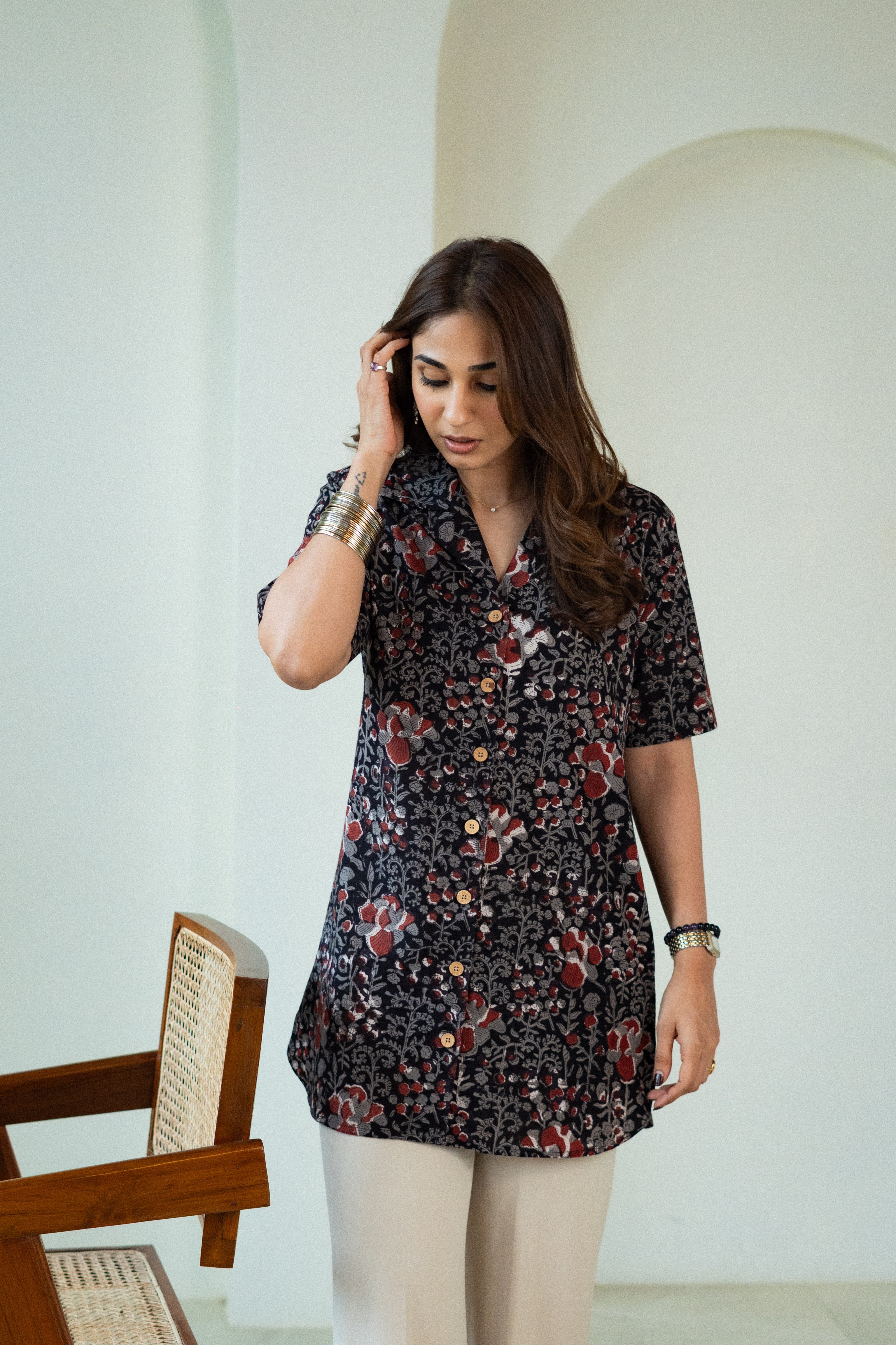 Black Maroon Floral Handblock Cotton Shirt Kurti