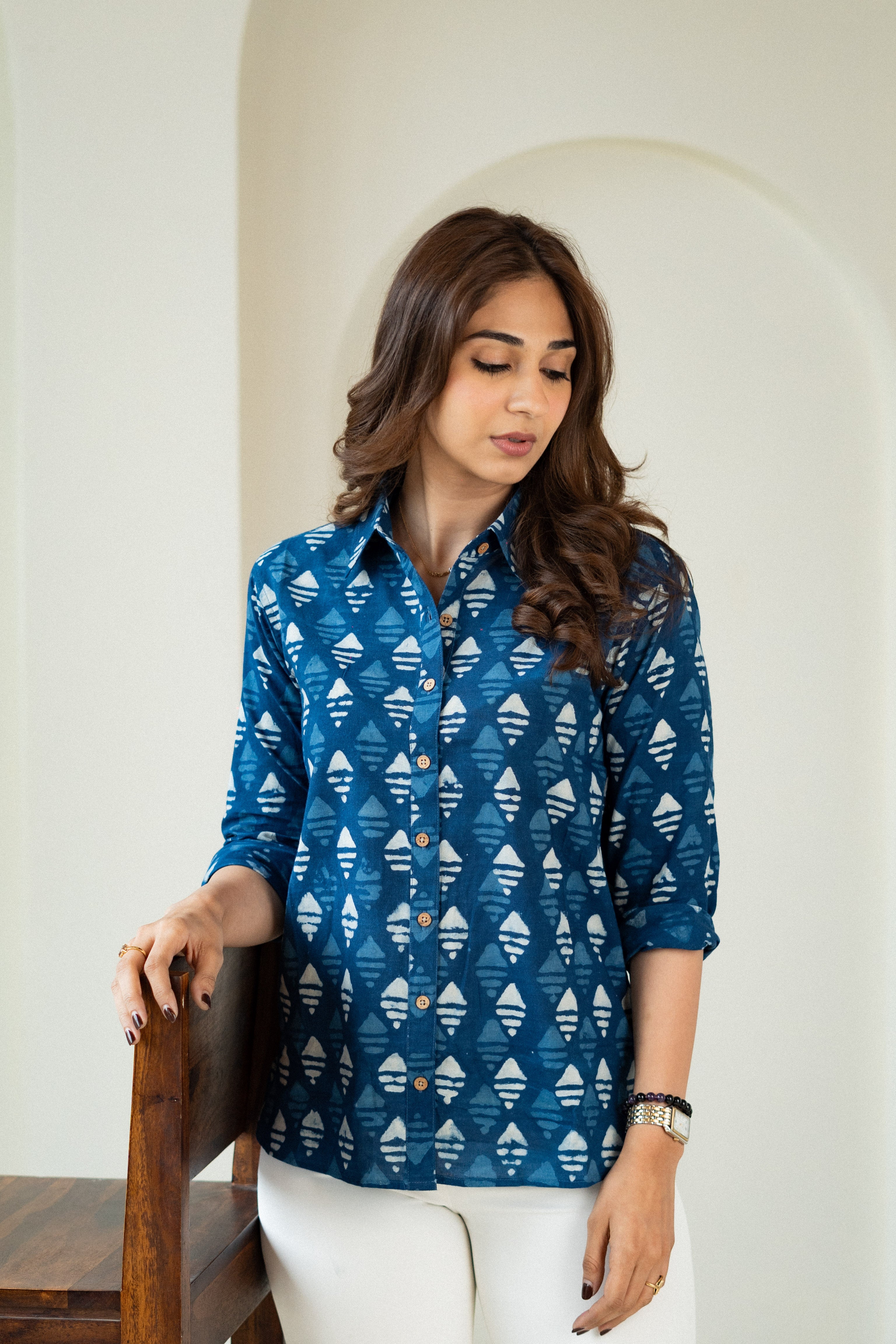 Navy Blue Chippa Handblock Cotton Shirt