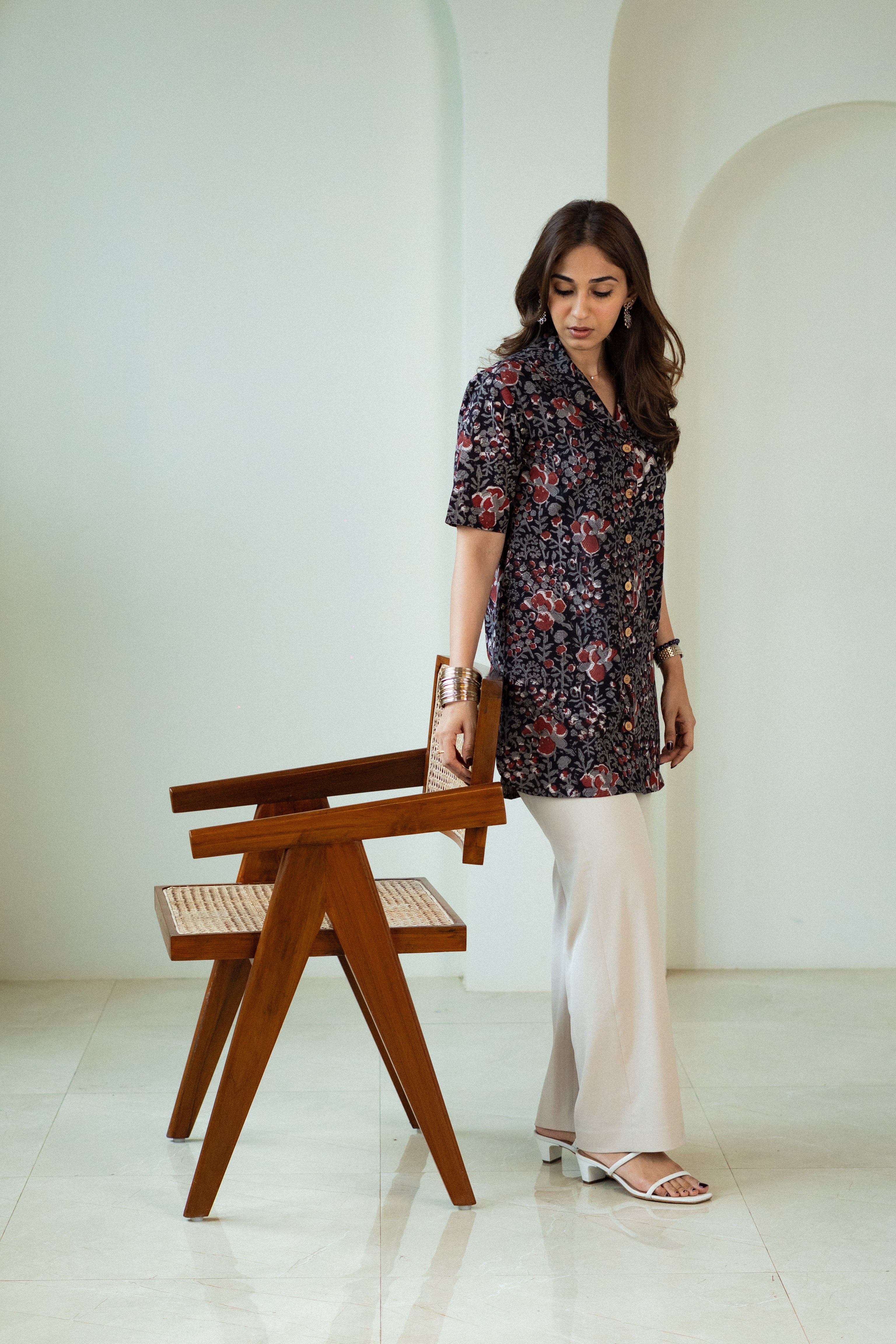 Black Maroon Floral Handblock Cotton Shirt Kurti