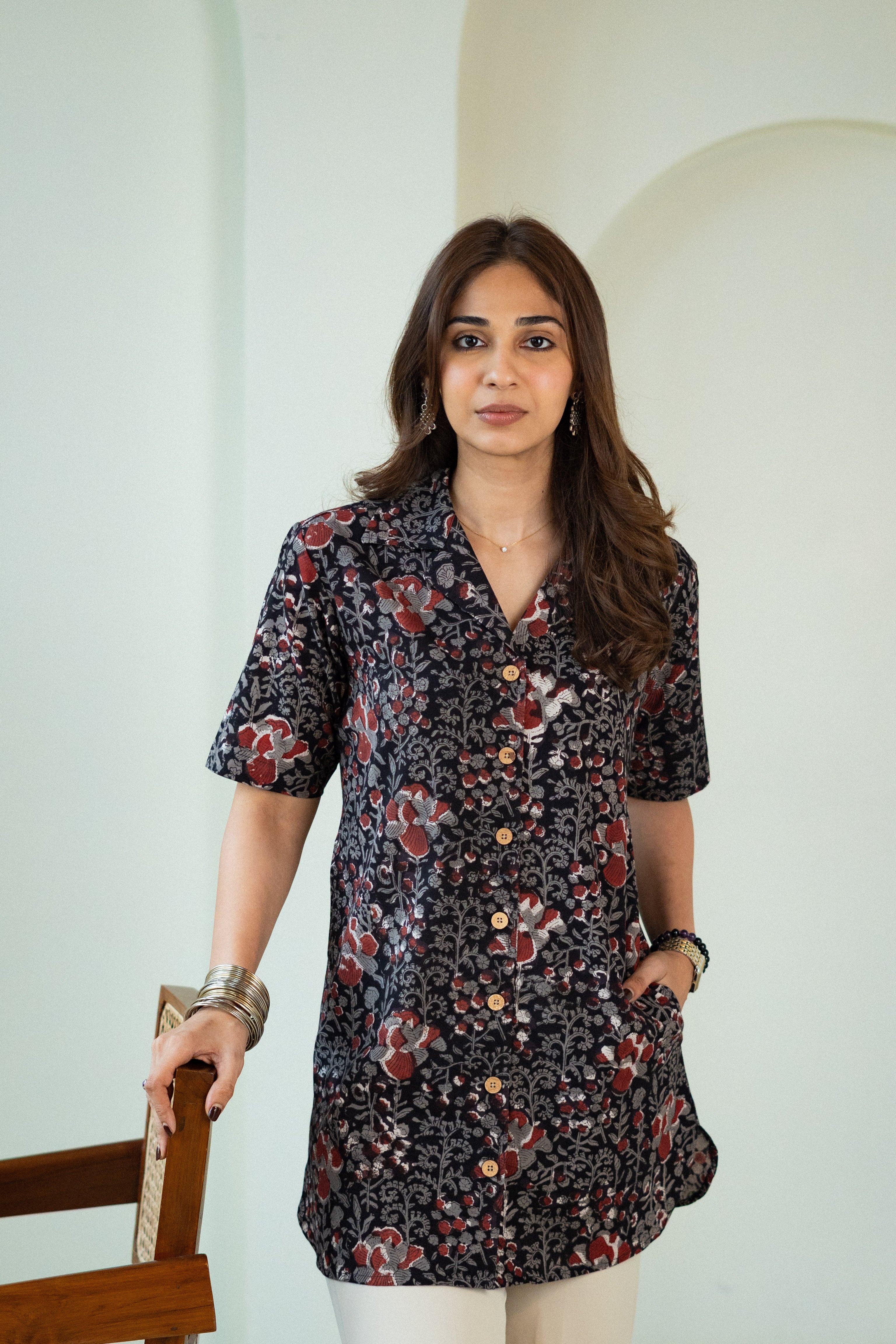 Black Maroon Floral Handblock Cotton Shirt Kurti