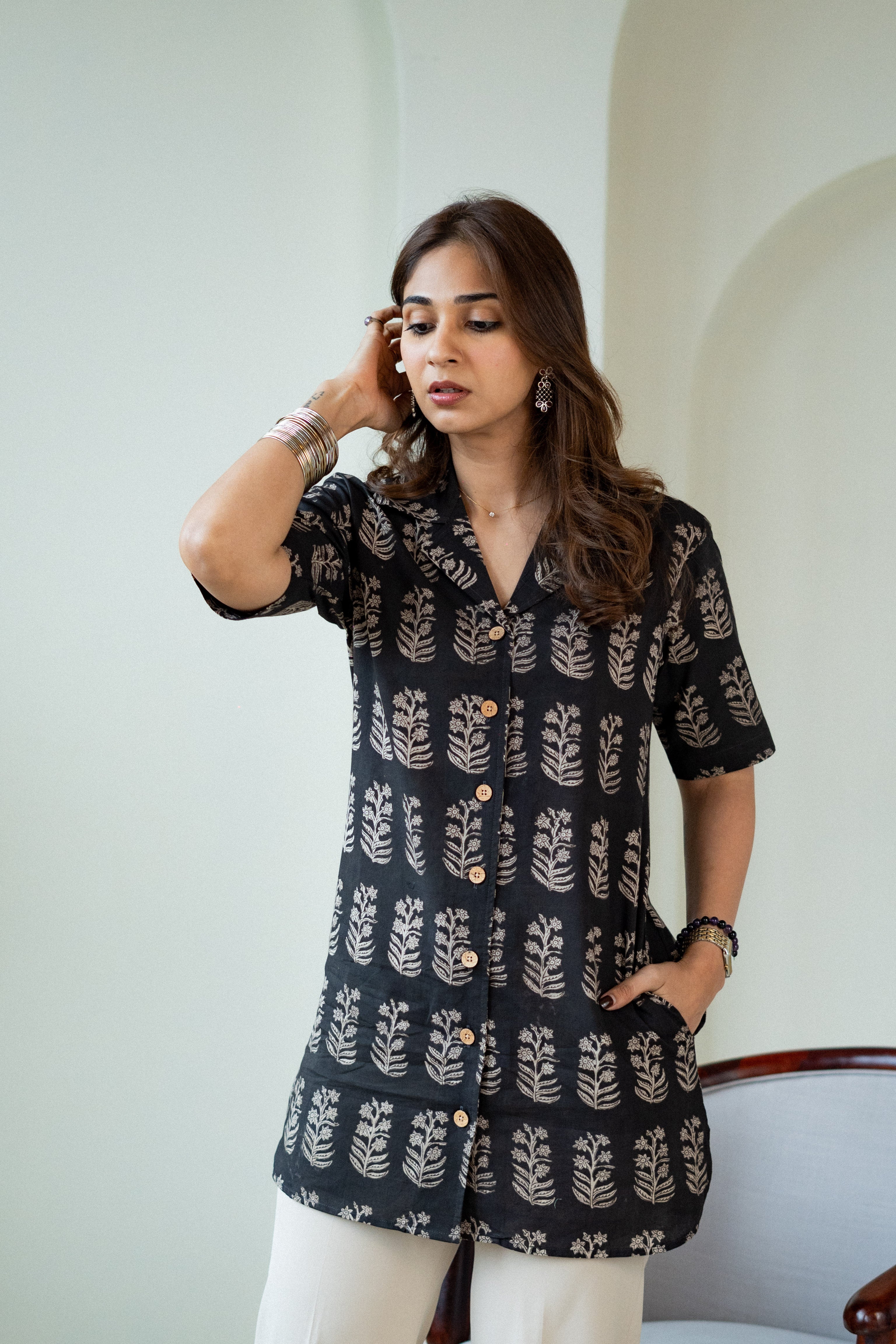 Black Sanganeri Handblock Cotton Shirt Kurti