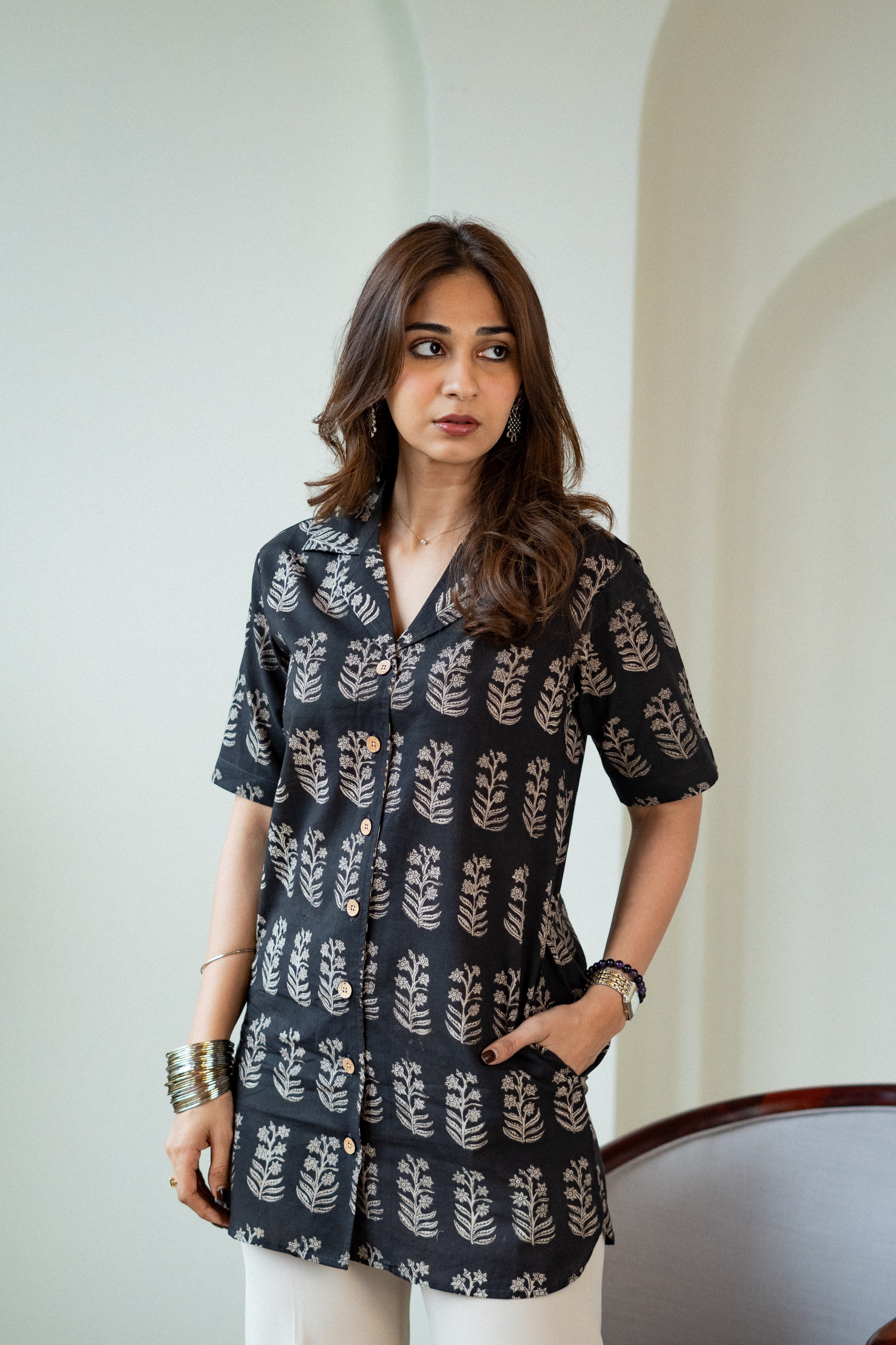 Black Sanganeri Handblock Cotton Shirt Kurti