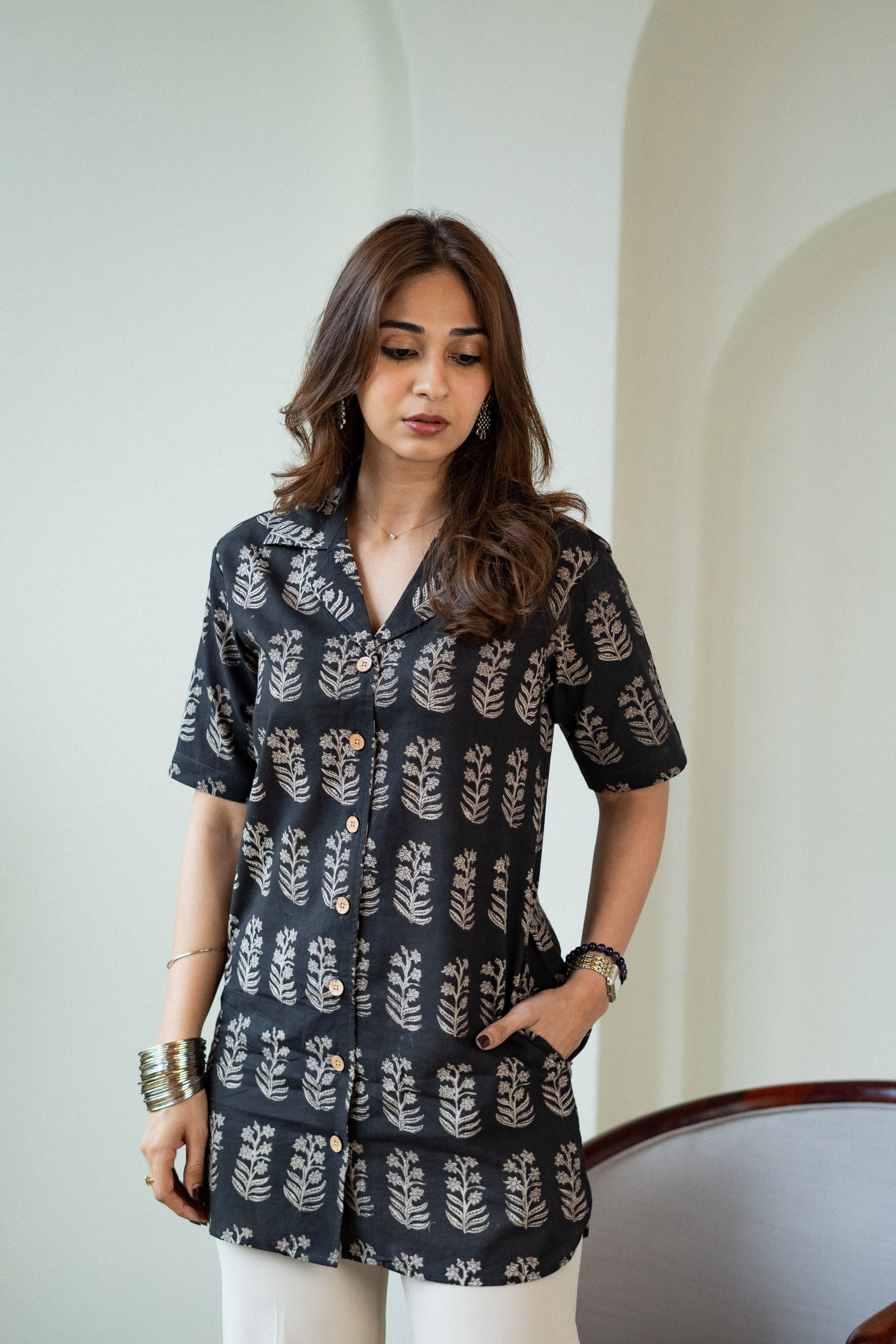 Black Sanganeri Handblock Cotton Shirt Kurti