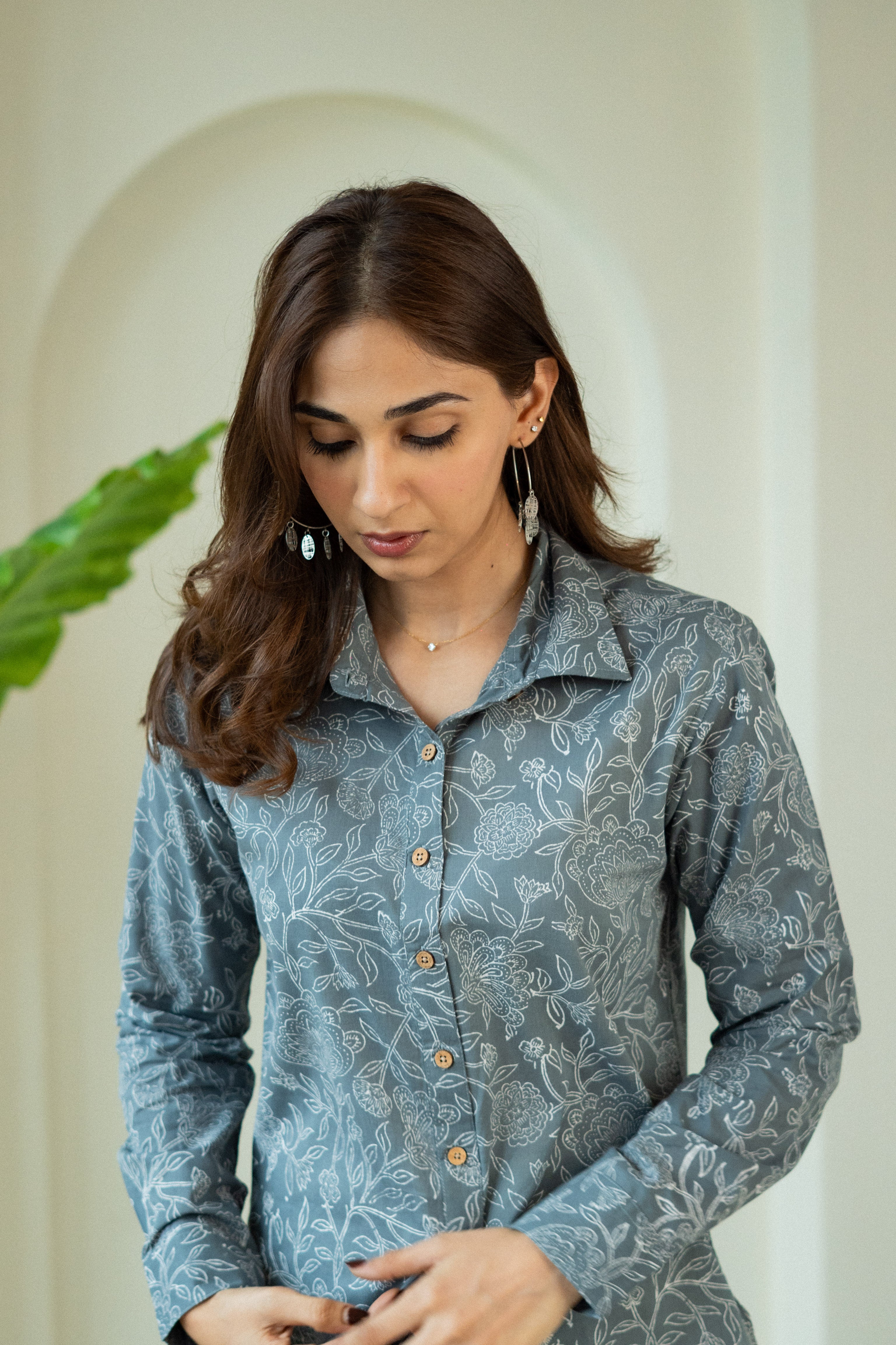 Grey Floral Sanganeri Handblock Cotton Shirt