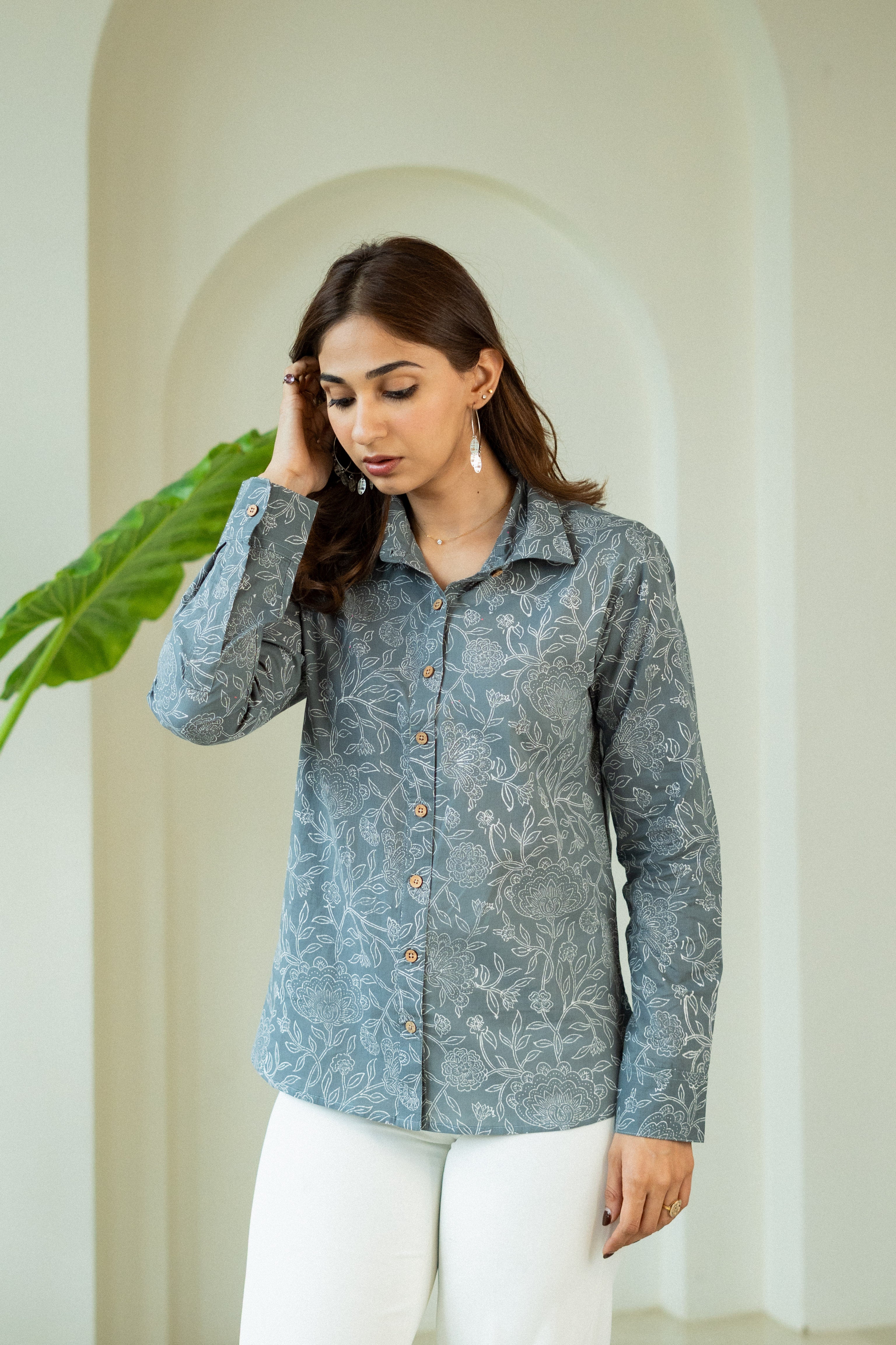 Grey Floral Sanganeri Handblock Cotton Shirt