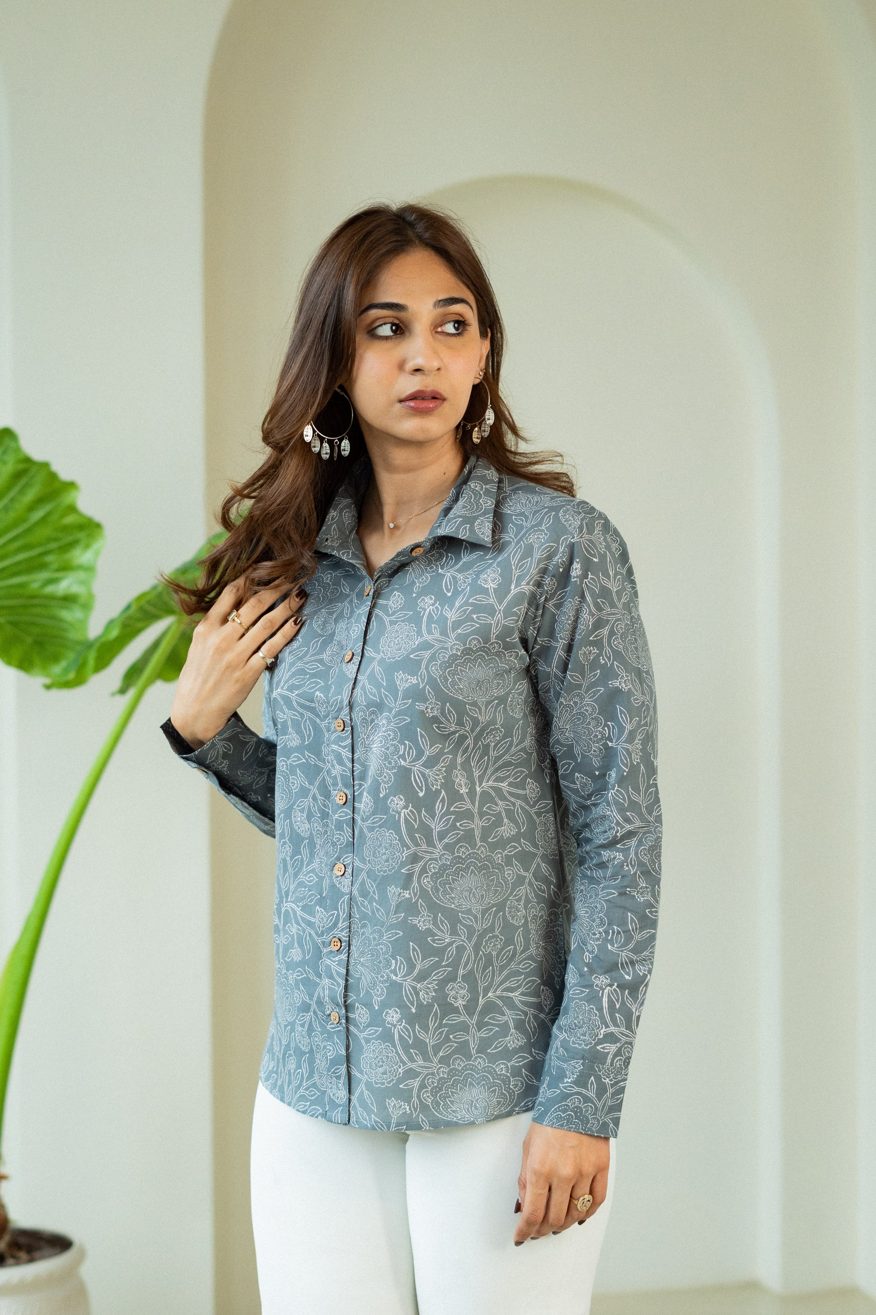 Grey Floral Sanganeri Handblock Cotton Shirt