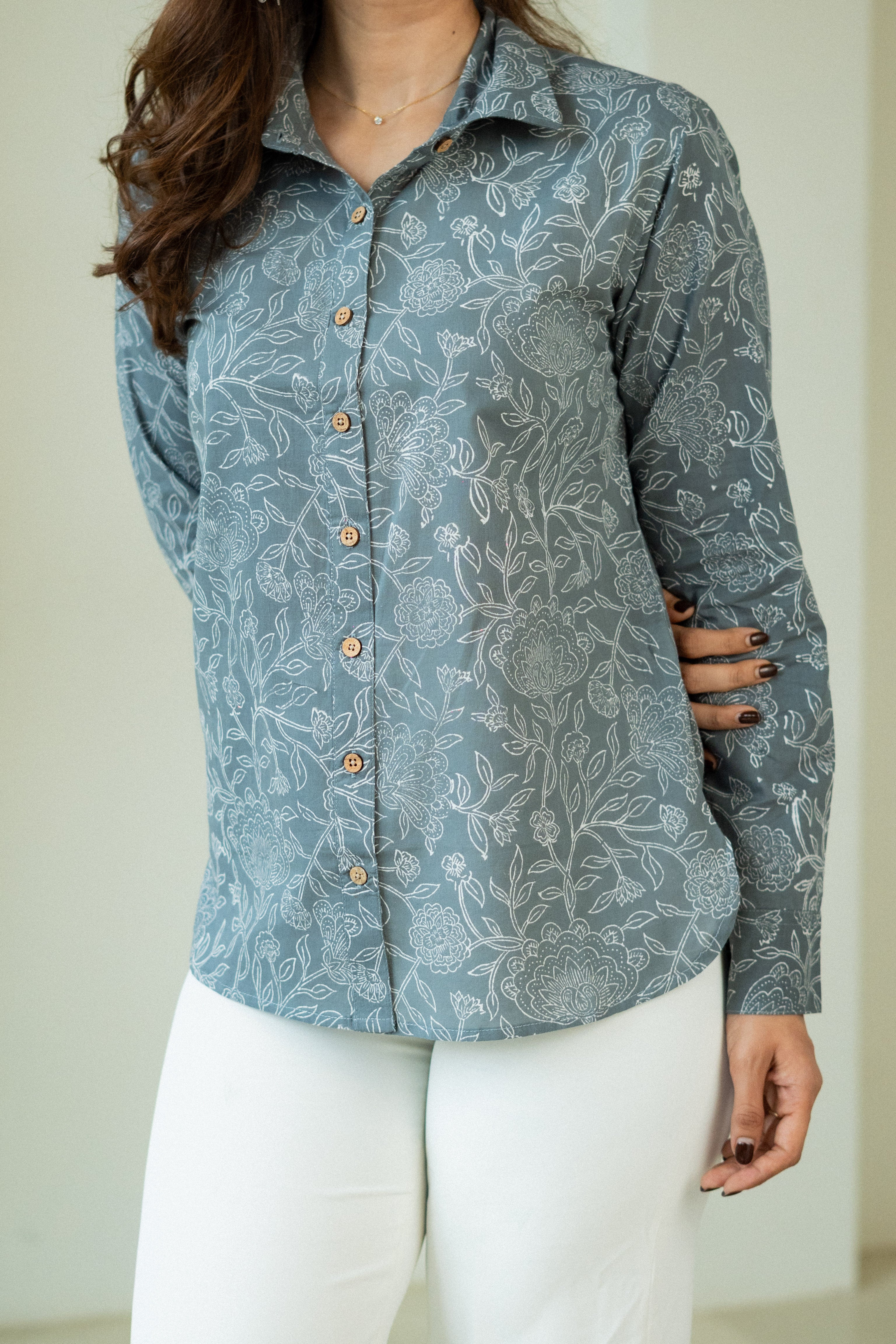 Grey Floral Sanganeri Handblock Cotton Shirt