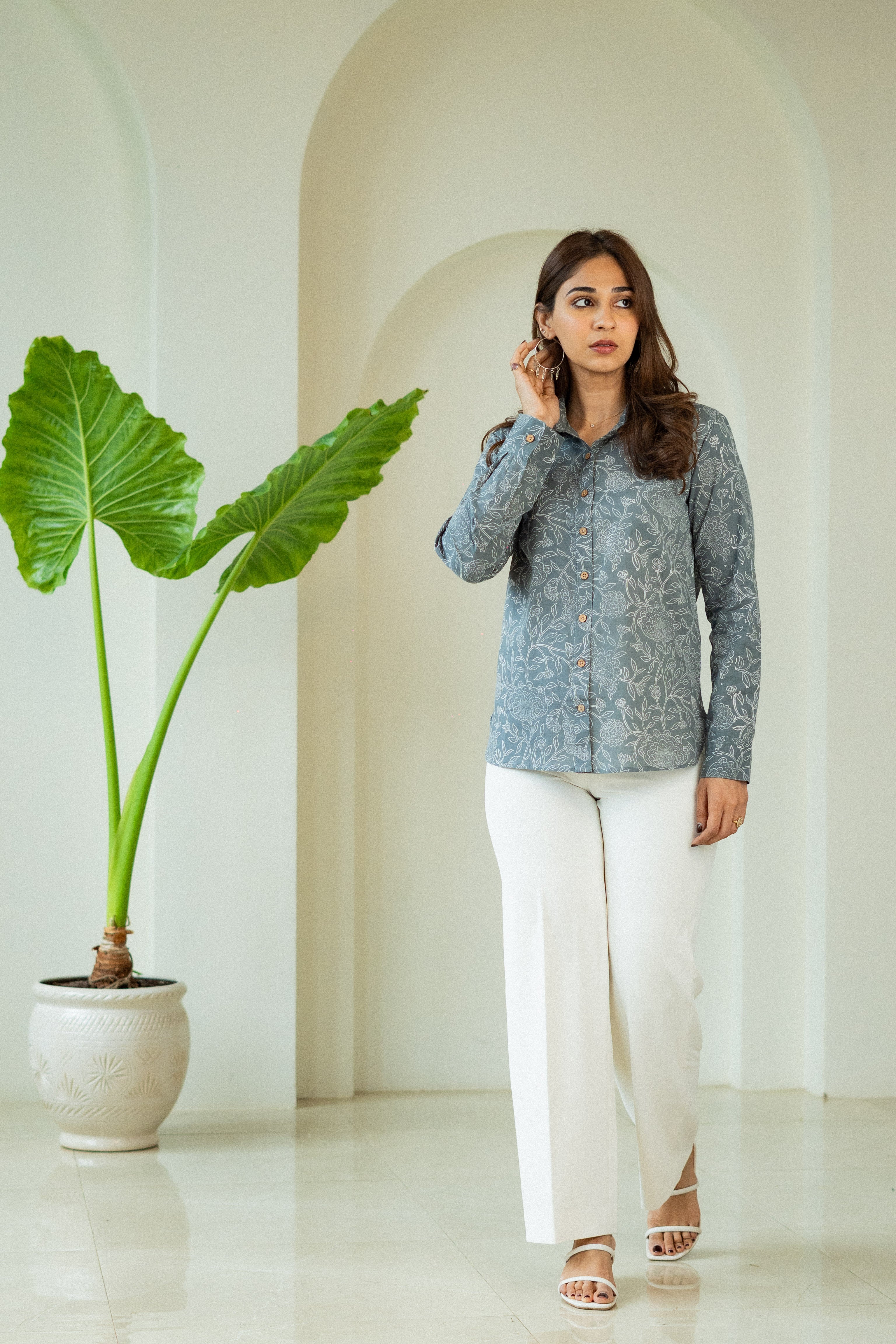 Grey Floral Sanganeri Handblock Cotton Shirt