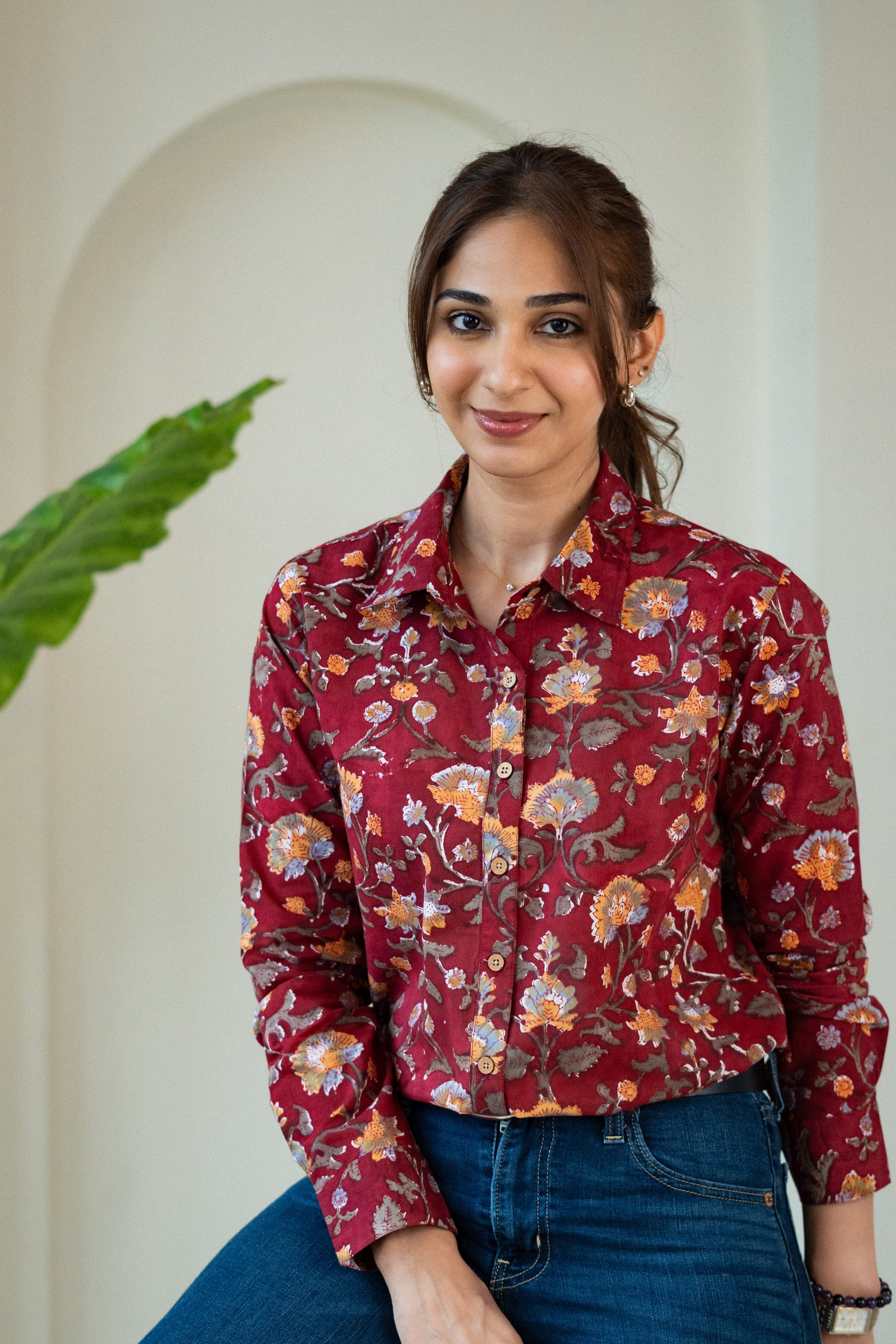 Red Floral Handblock Cotton Shirt