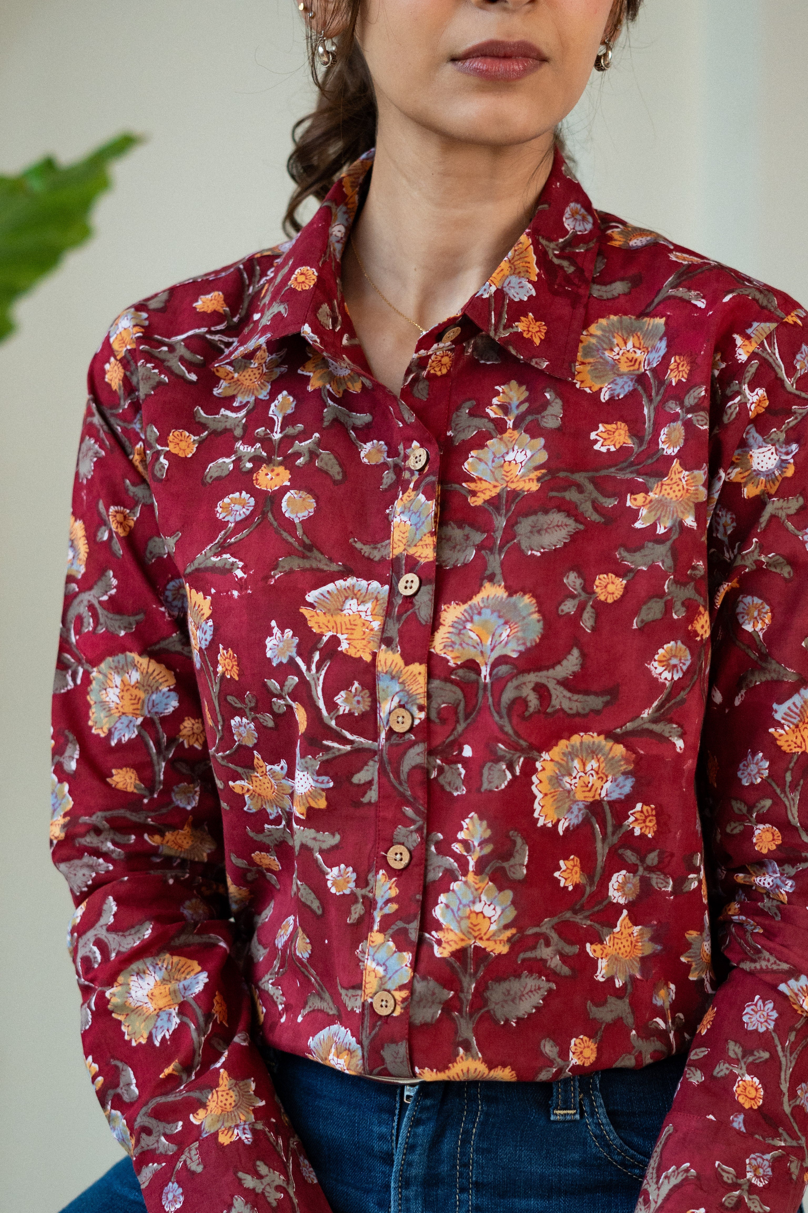 Red Floral Handblock Cotton Shirt