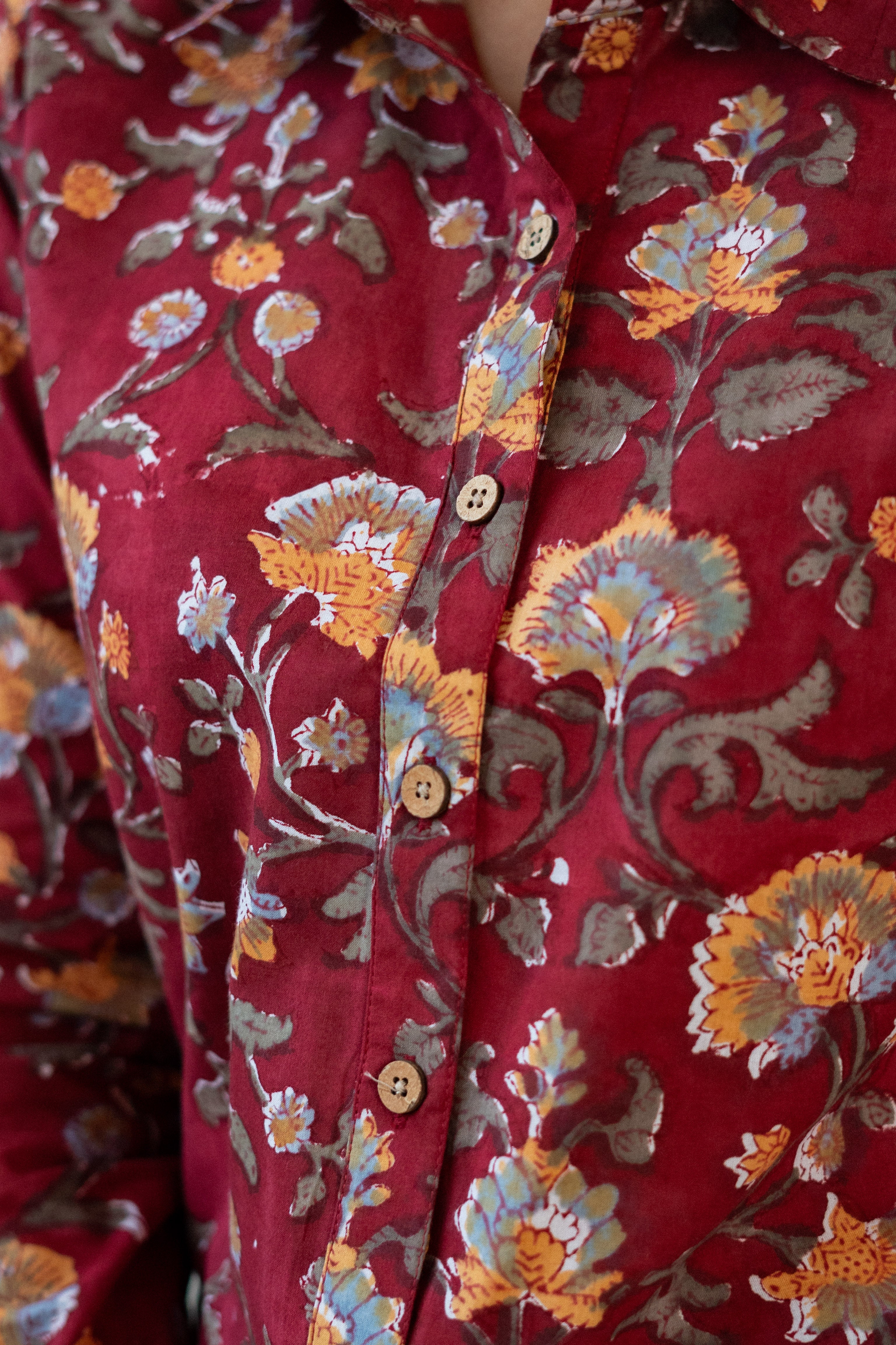 Red Floral Handblock Cotton Shirt