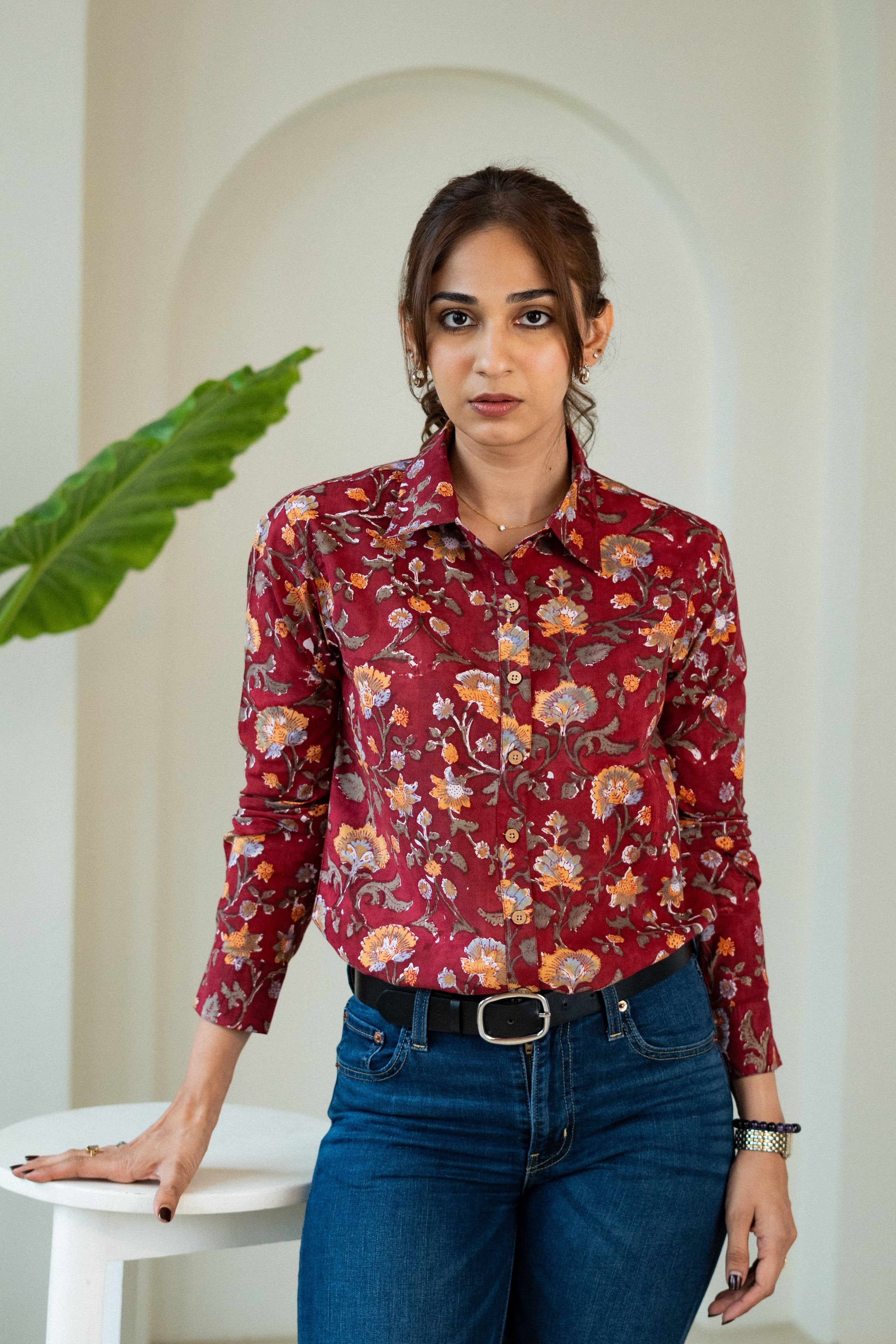 Red Floral Handblock Cotton Shirt