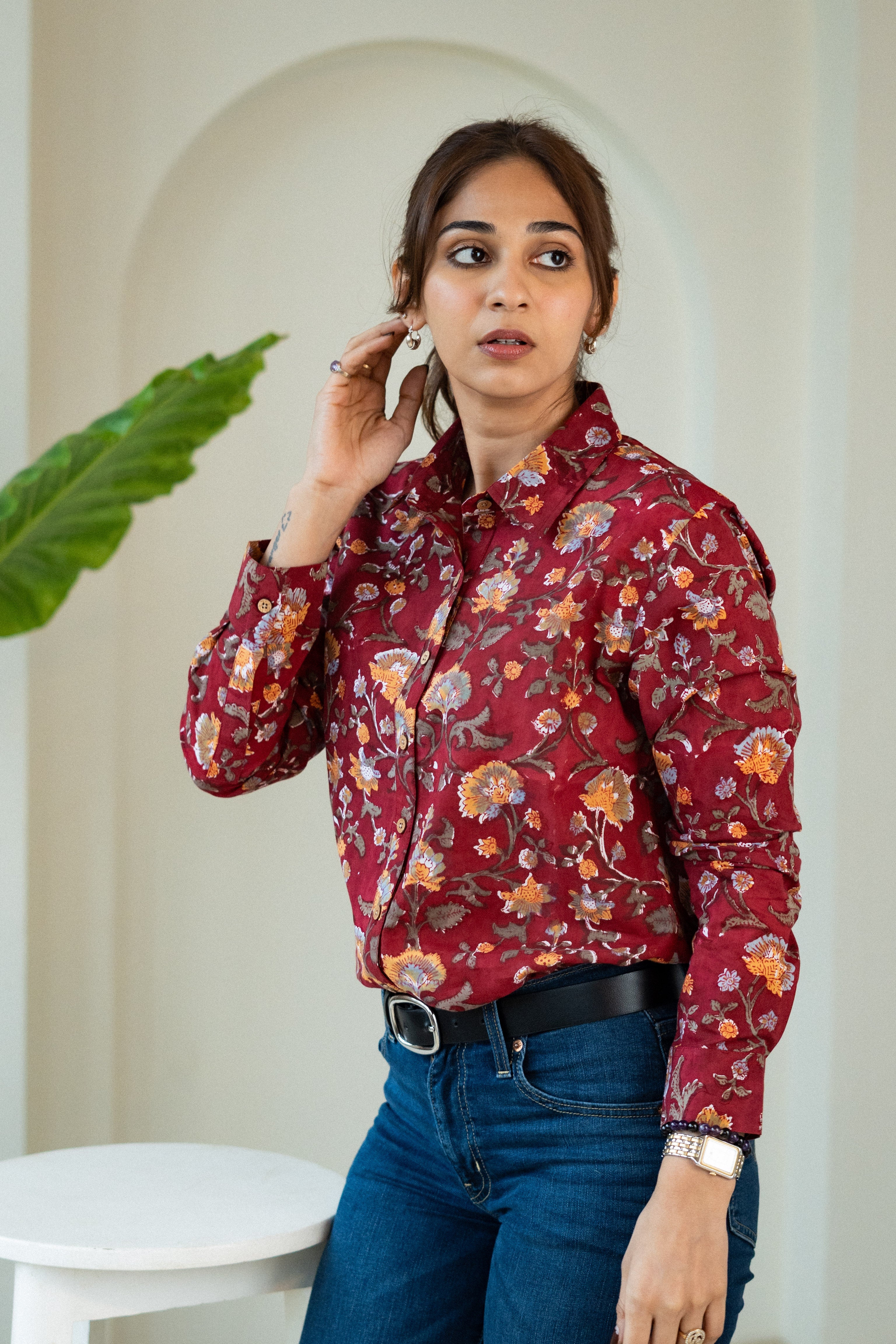 Red Floral Handblock Cotton Shirt