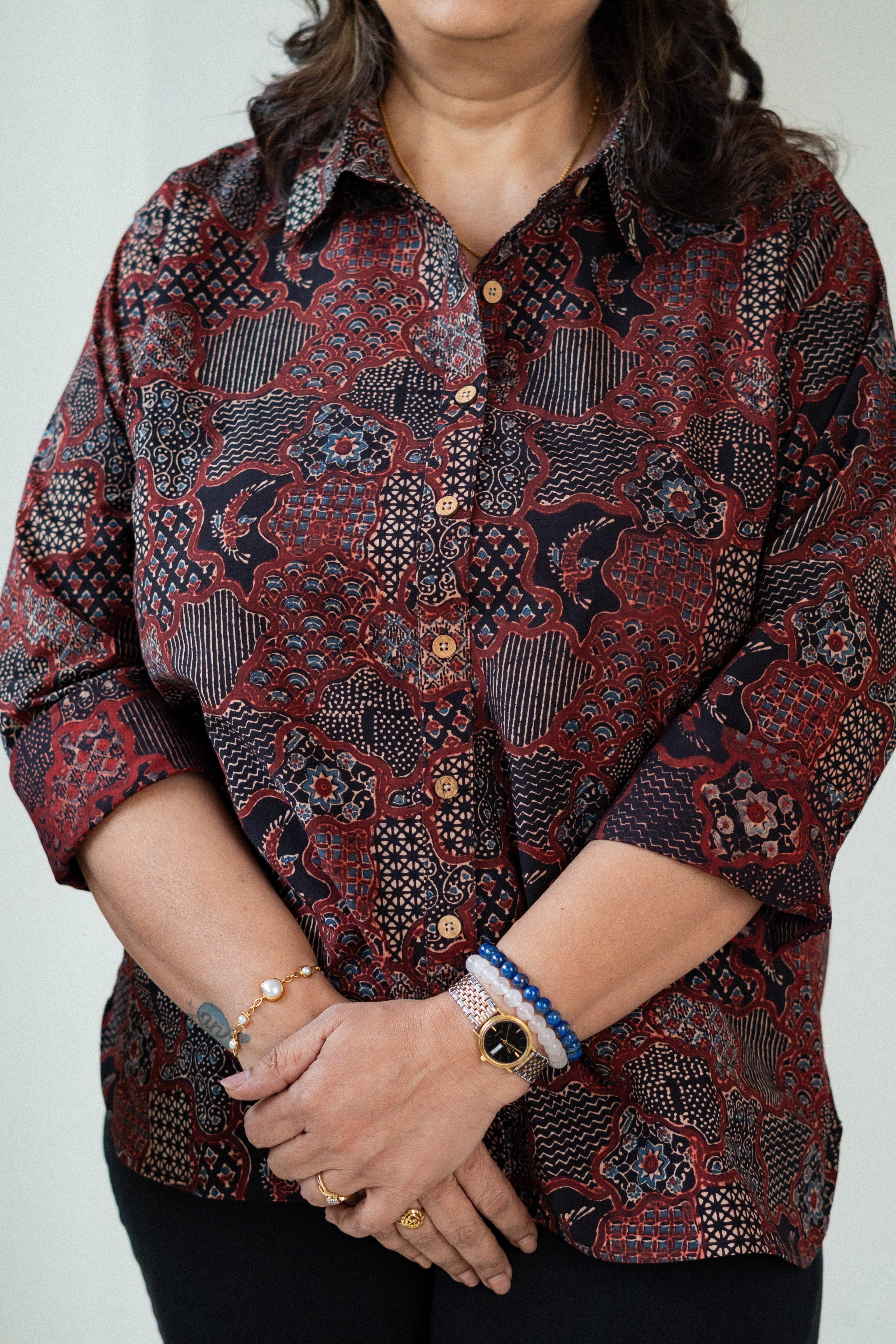 Ajrakh Maroon Handblock Cotton Shirt