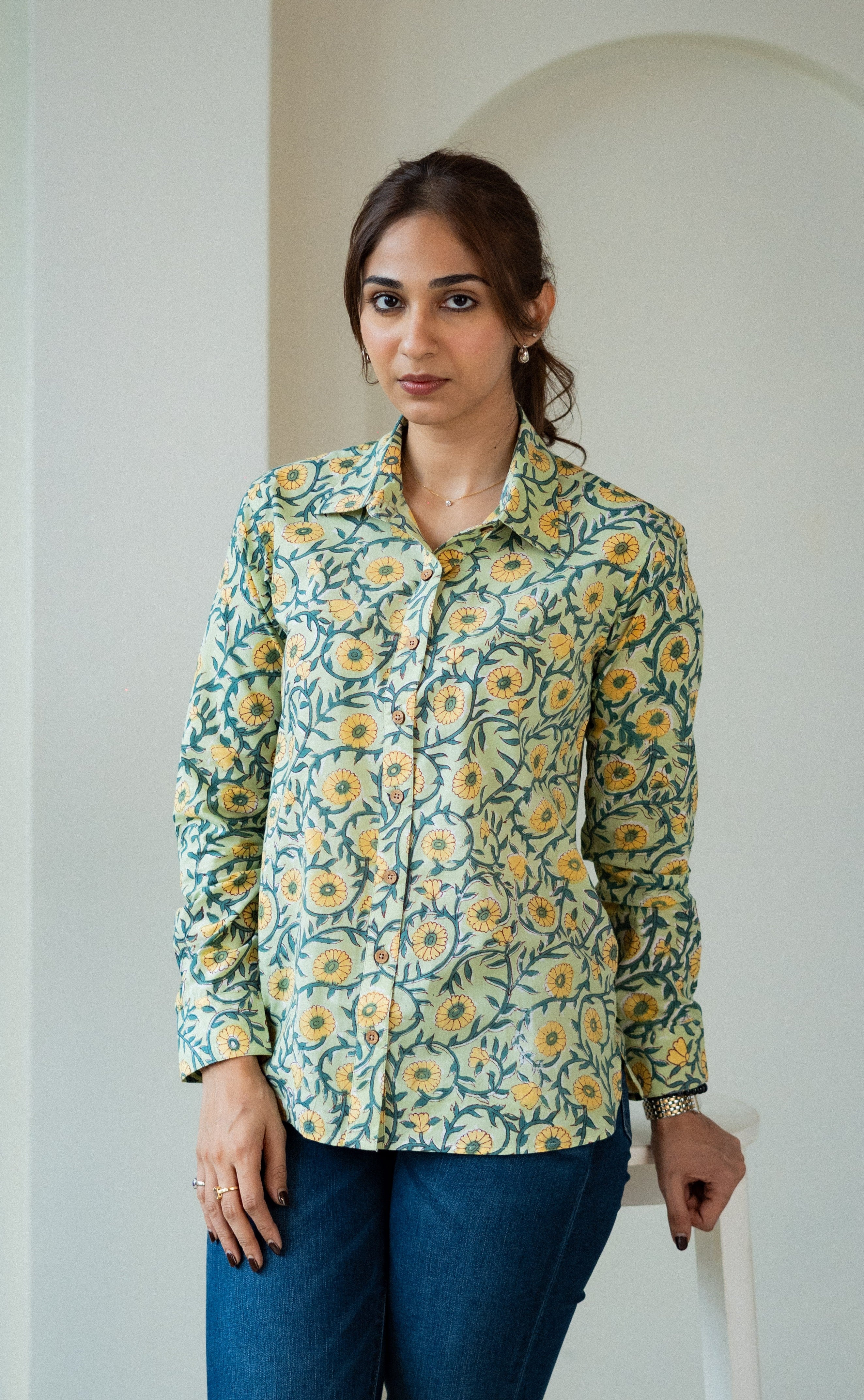 Green Yellow Floral Handblock Shirt