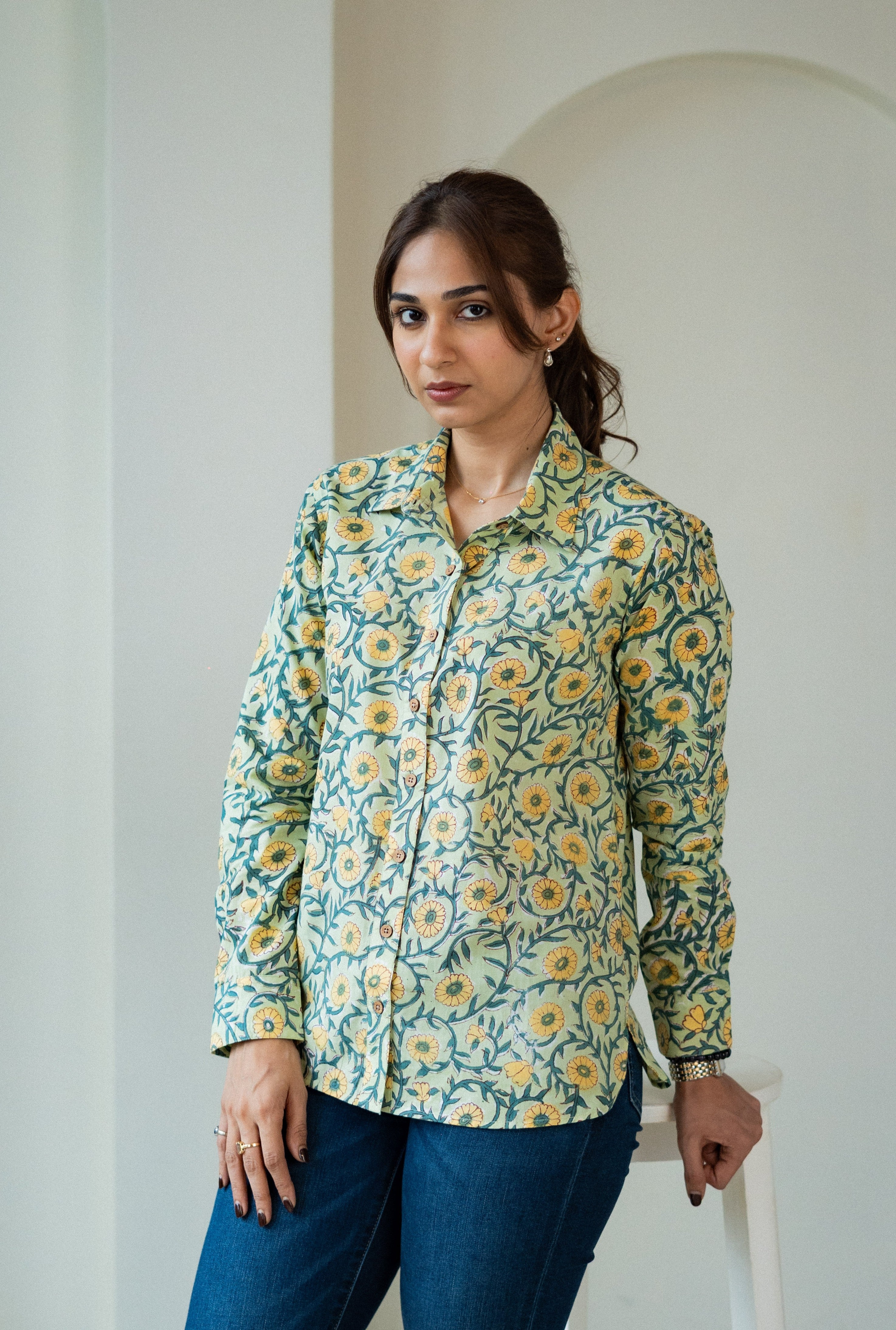 Green Yellow Floral Handblock Shirt
