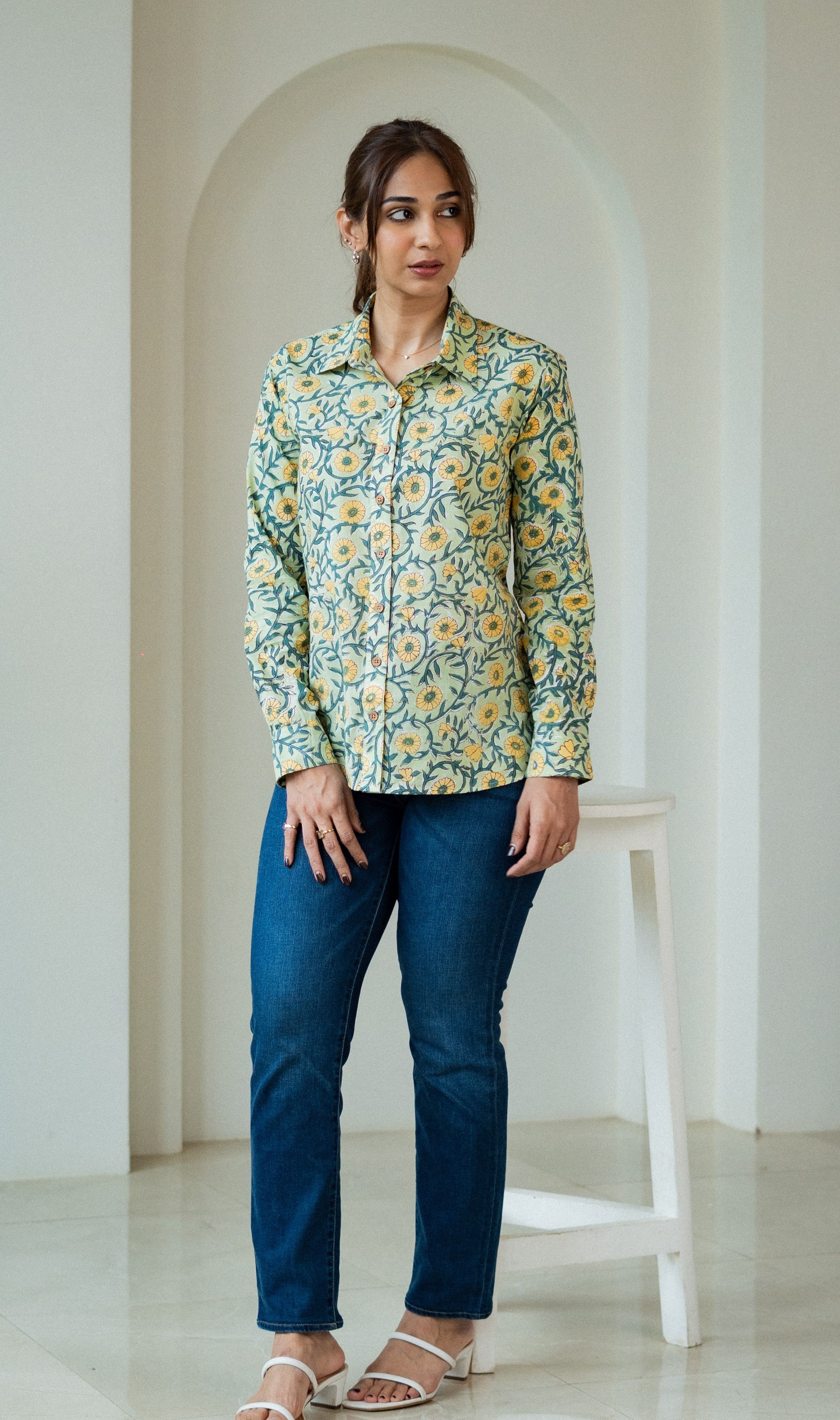 Green Yellow Floral Handblock Shirt