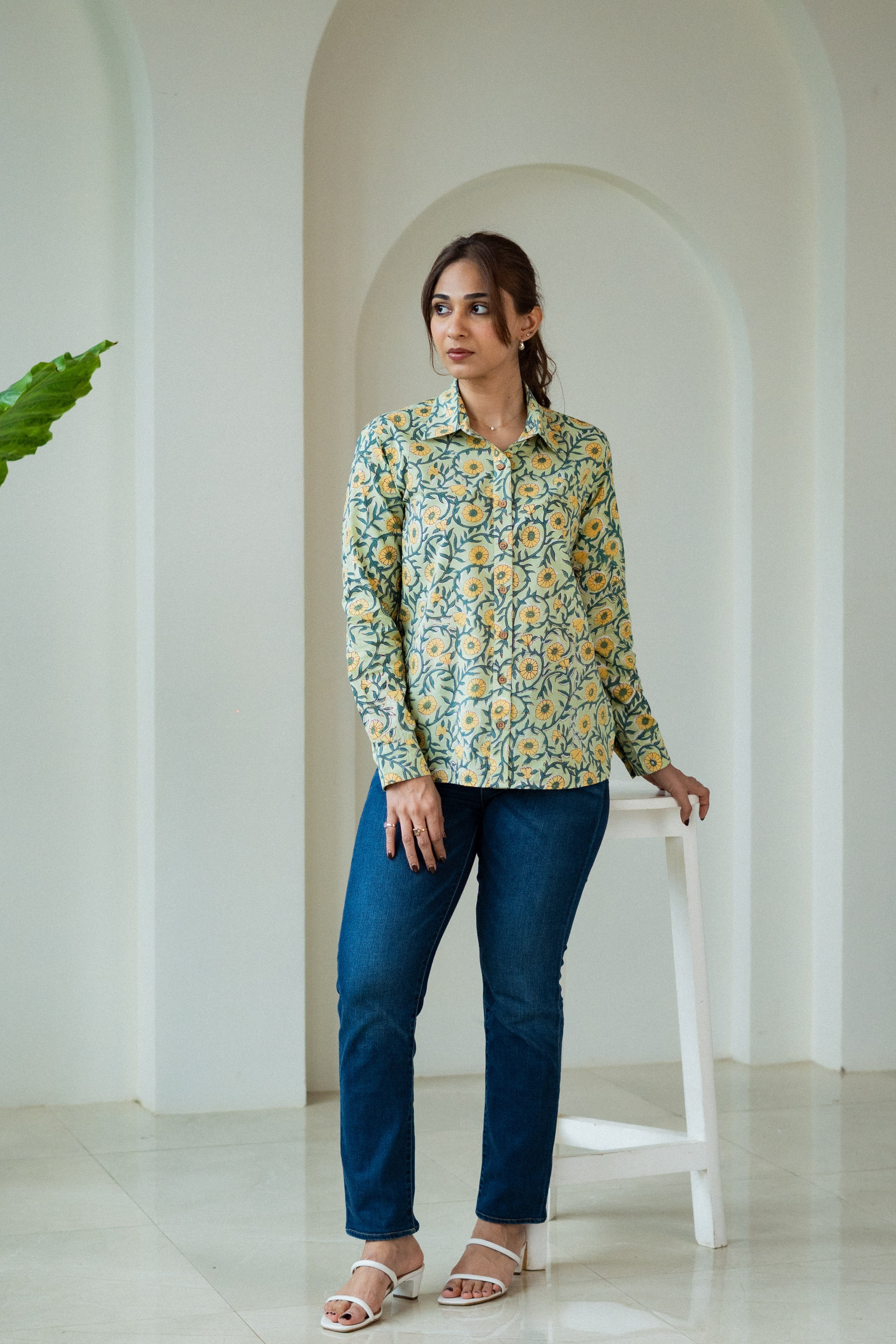 Green Yellow Floral Handblock Shirt