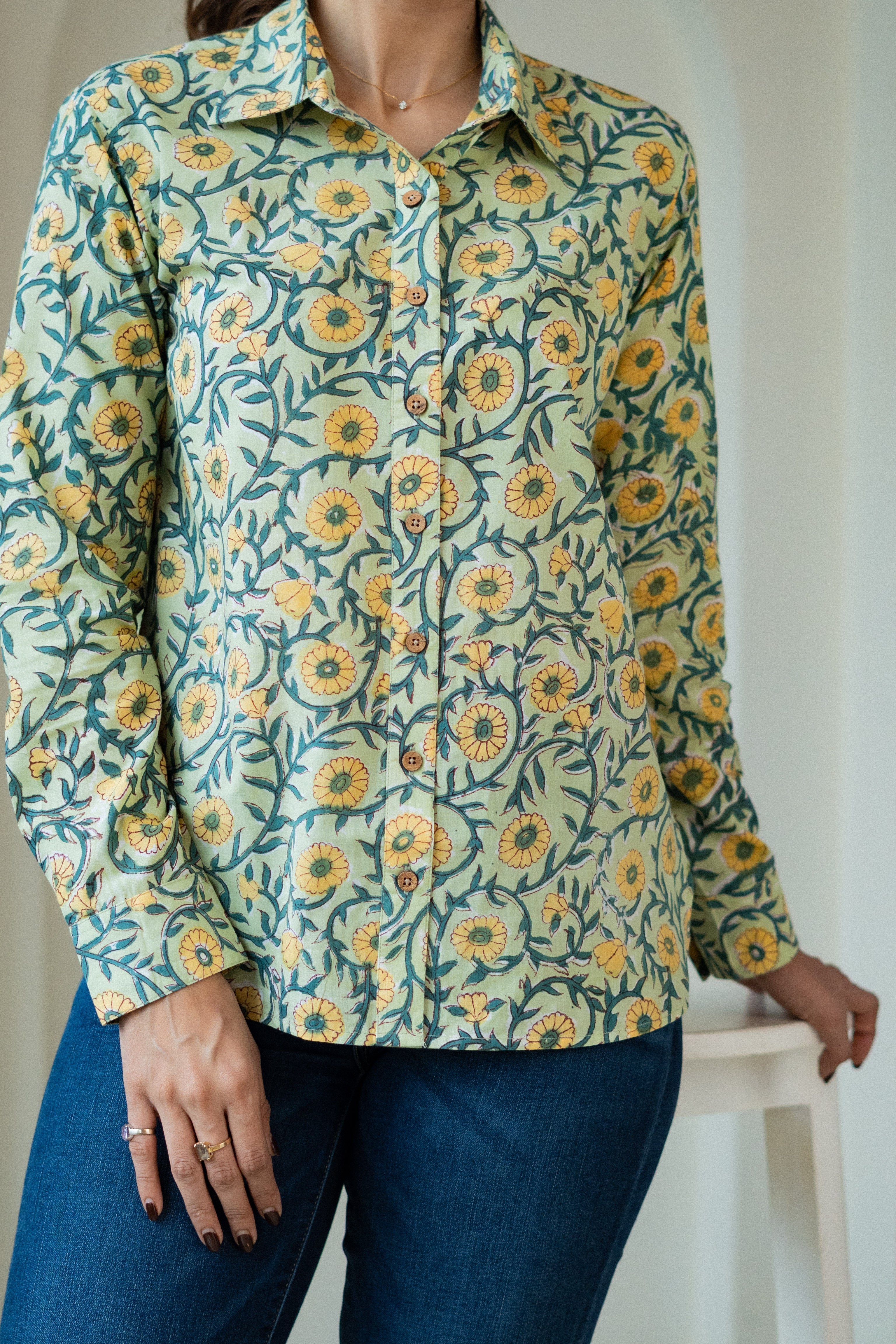 Green Yellow Floral Handblock Shirt