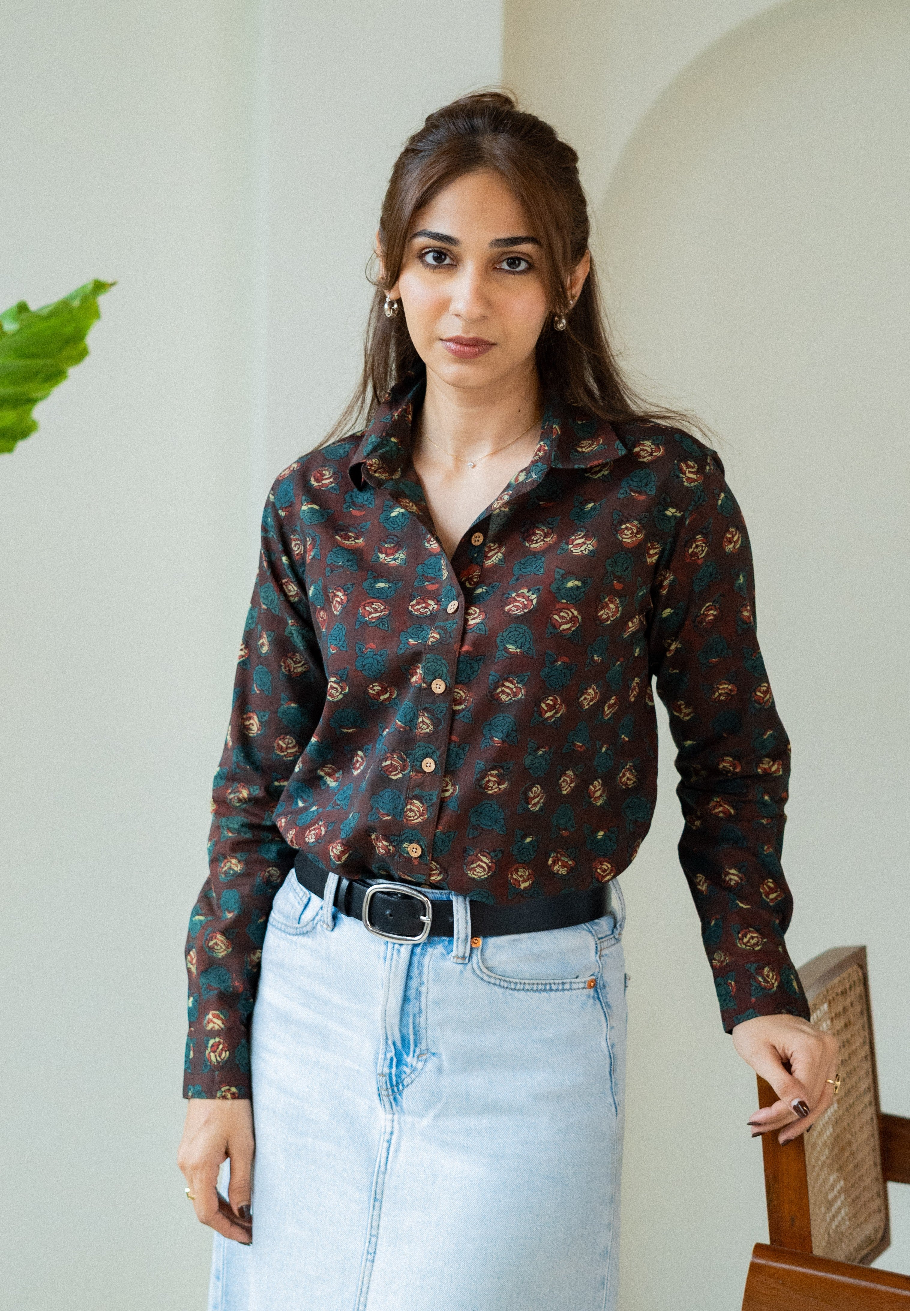 Maroon Green Floral Handblock Cotton Shirt