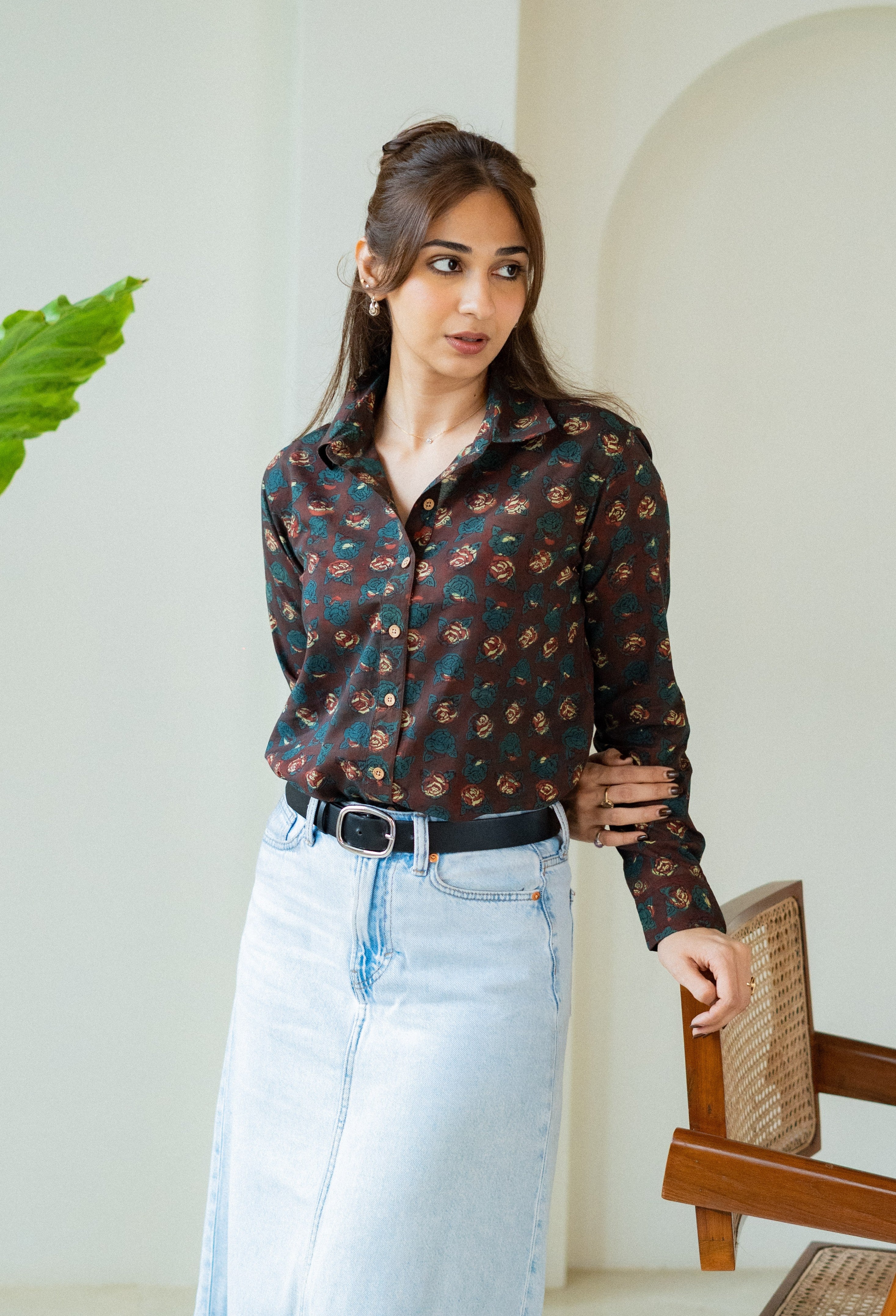Maroon Green Floral Handblock Cotton Shirt