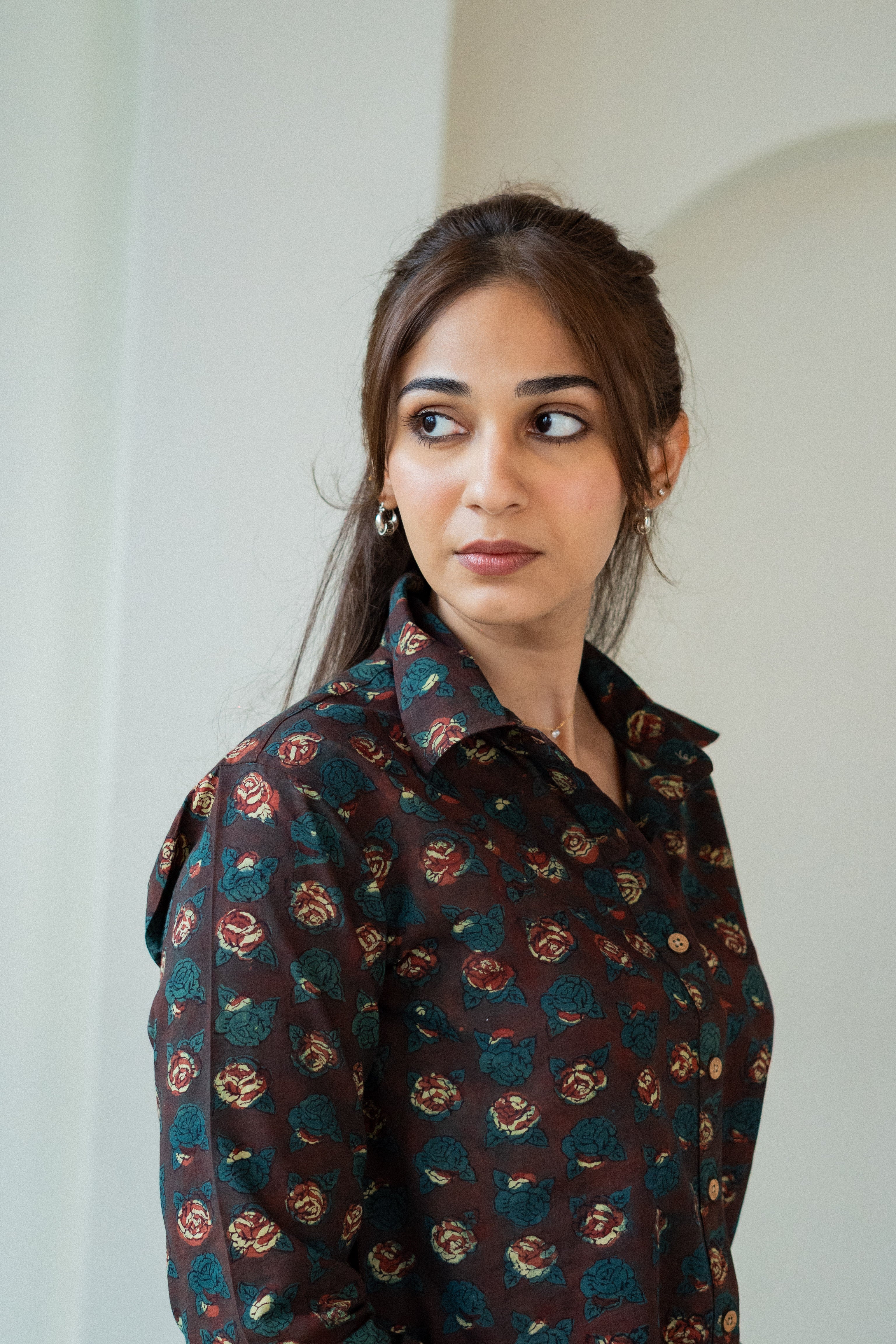 Maroon Green Floral Handblock Cotton Shirt