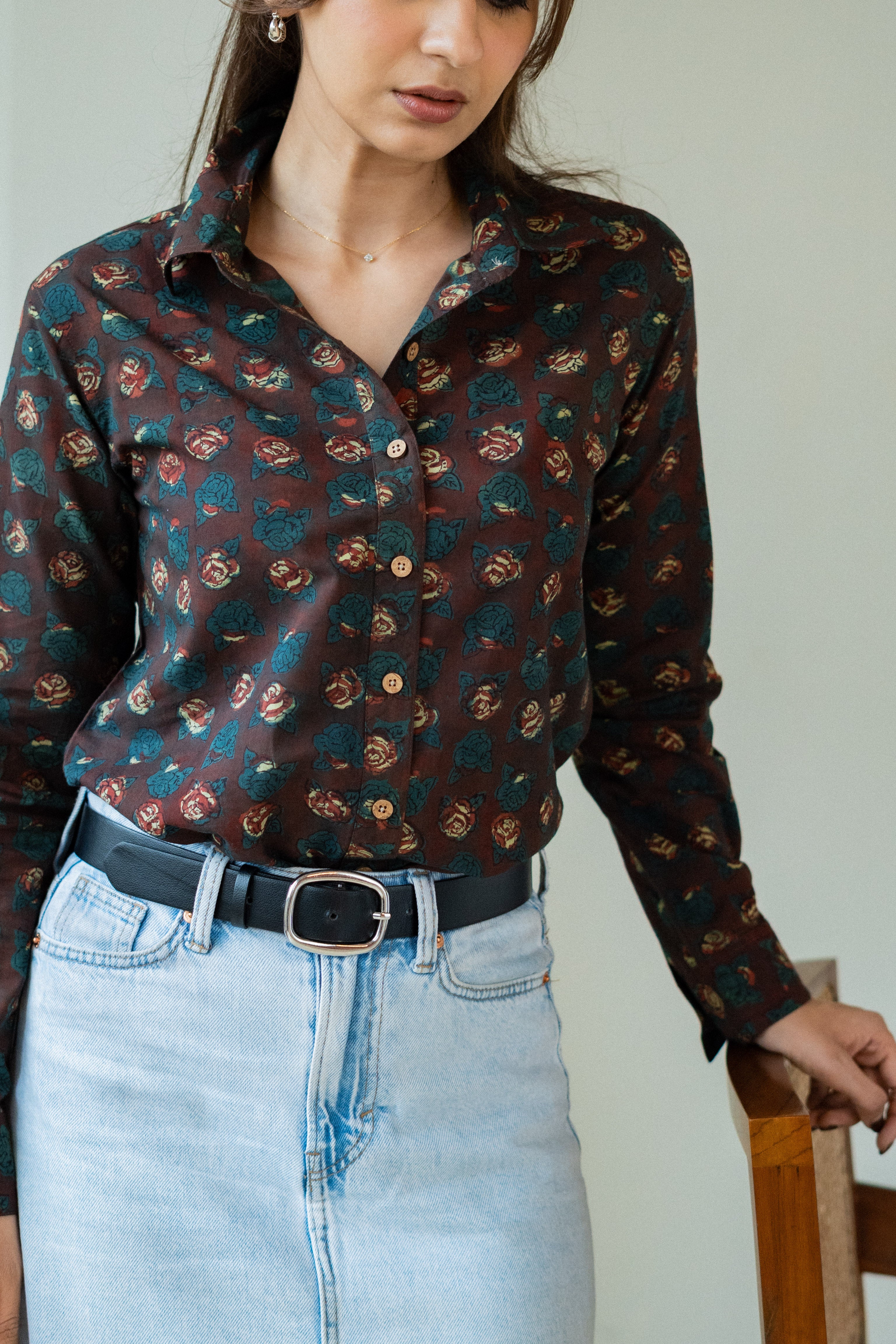 Maroon Green Floral Handblock Cotton Shirt