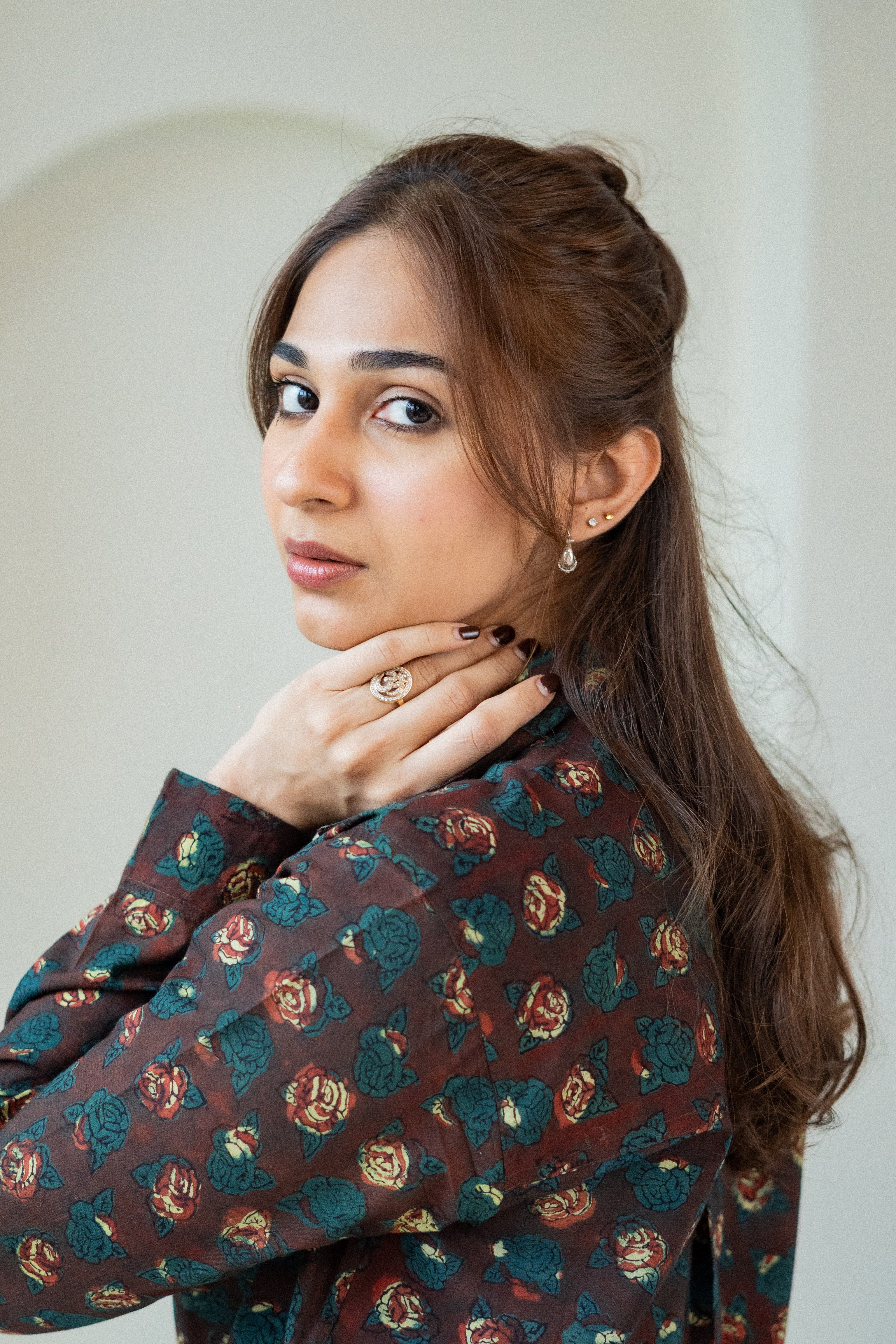 Maroon Green Floral Handblock Cotton Shirt