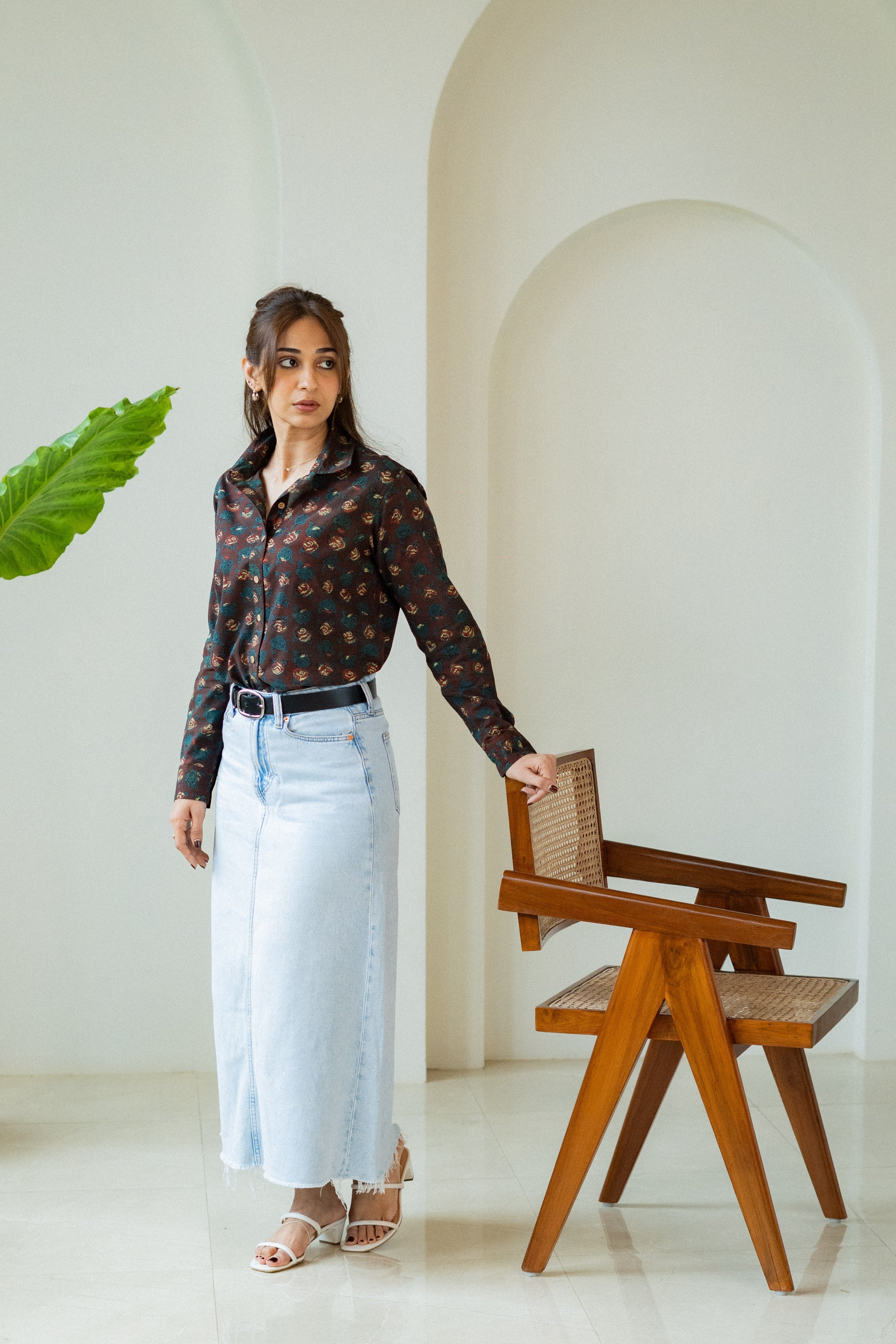 Black Maroon Leaf Handblock Cotton Shirt