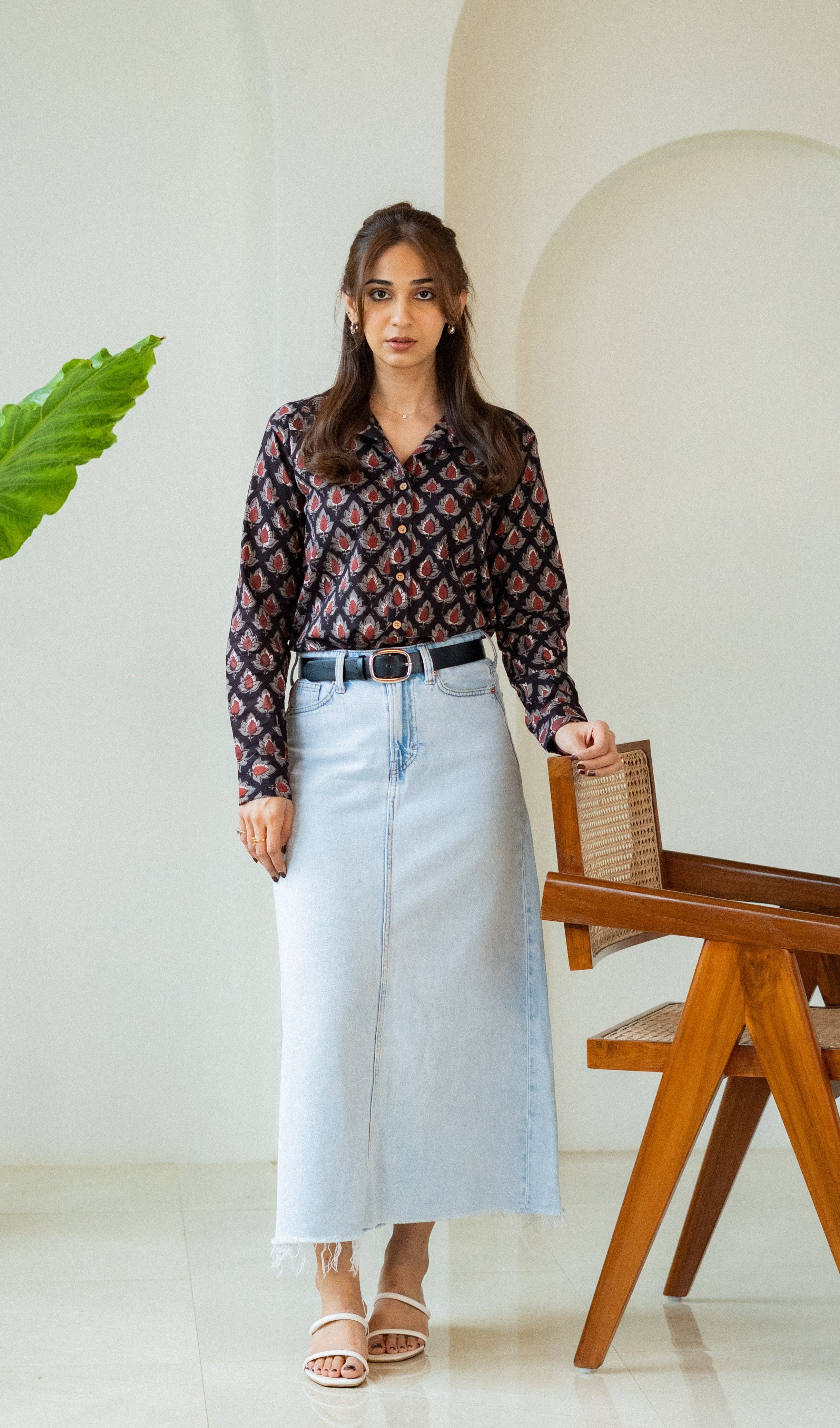 Black Maroon Leaf Handblock Cotton Shirt