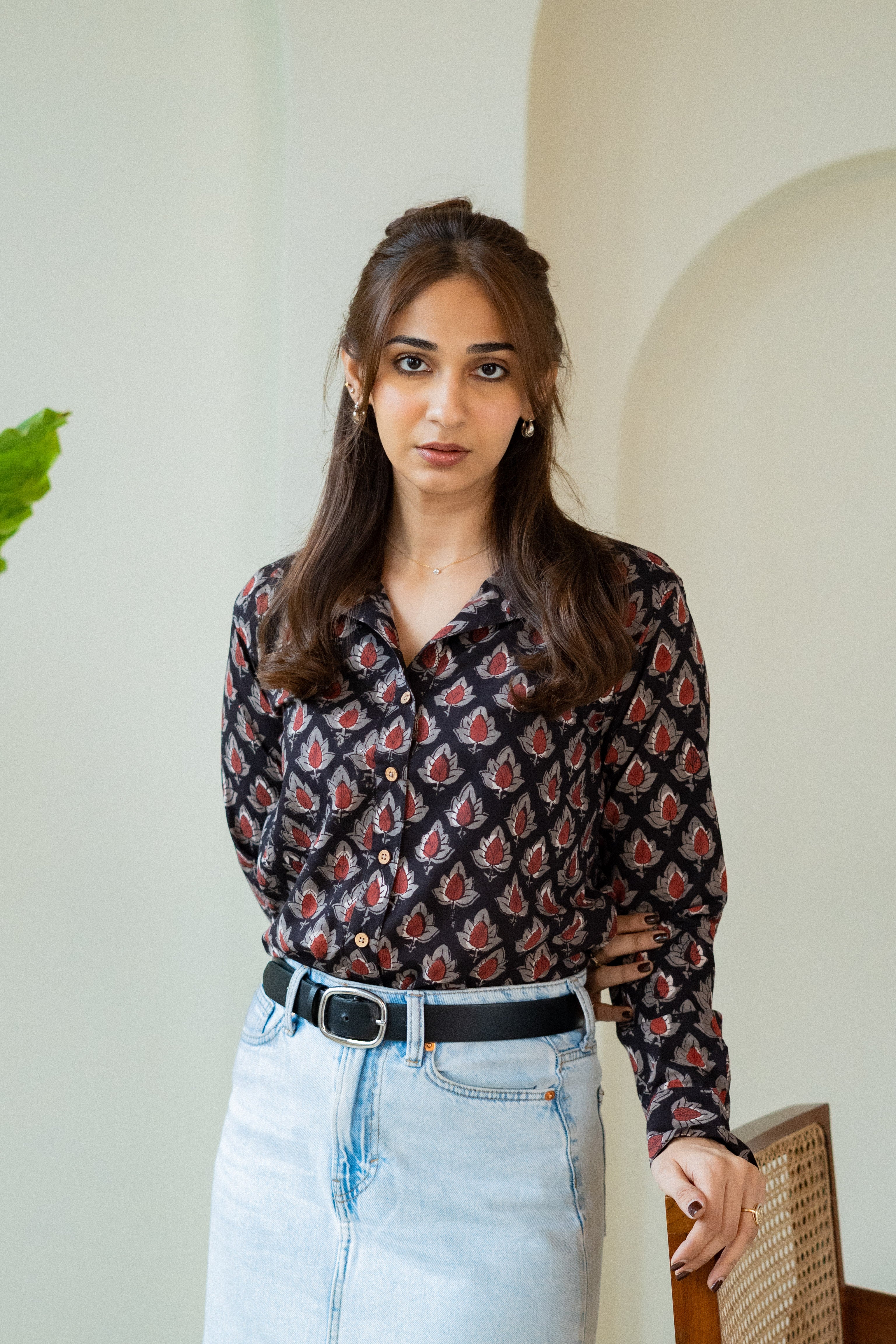 Black Maroon Leaf Handblock Cotton Shirt