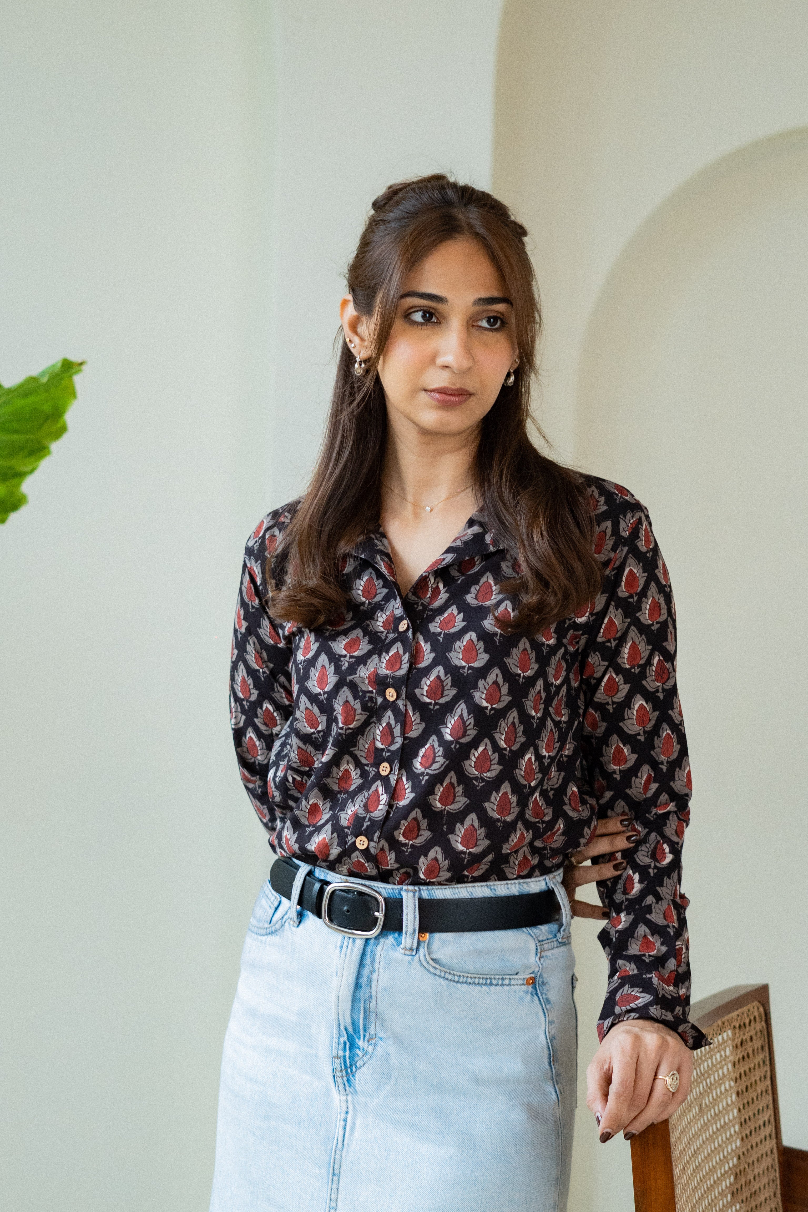 Black Maroon Leaf Handblock Cotton Shirt