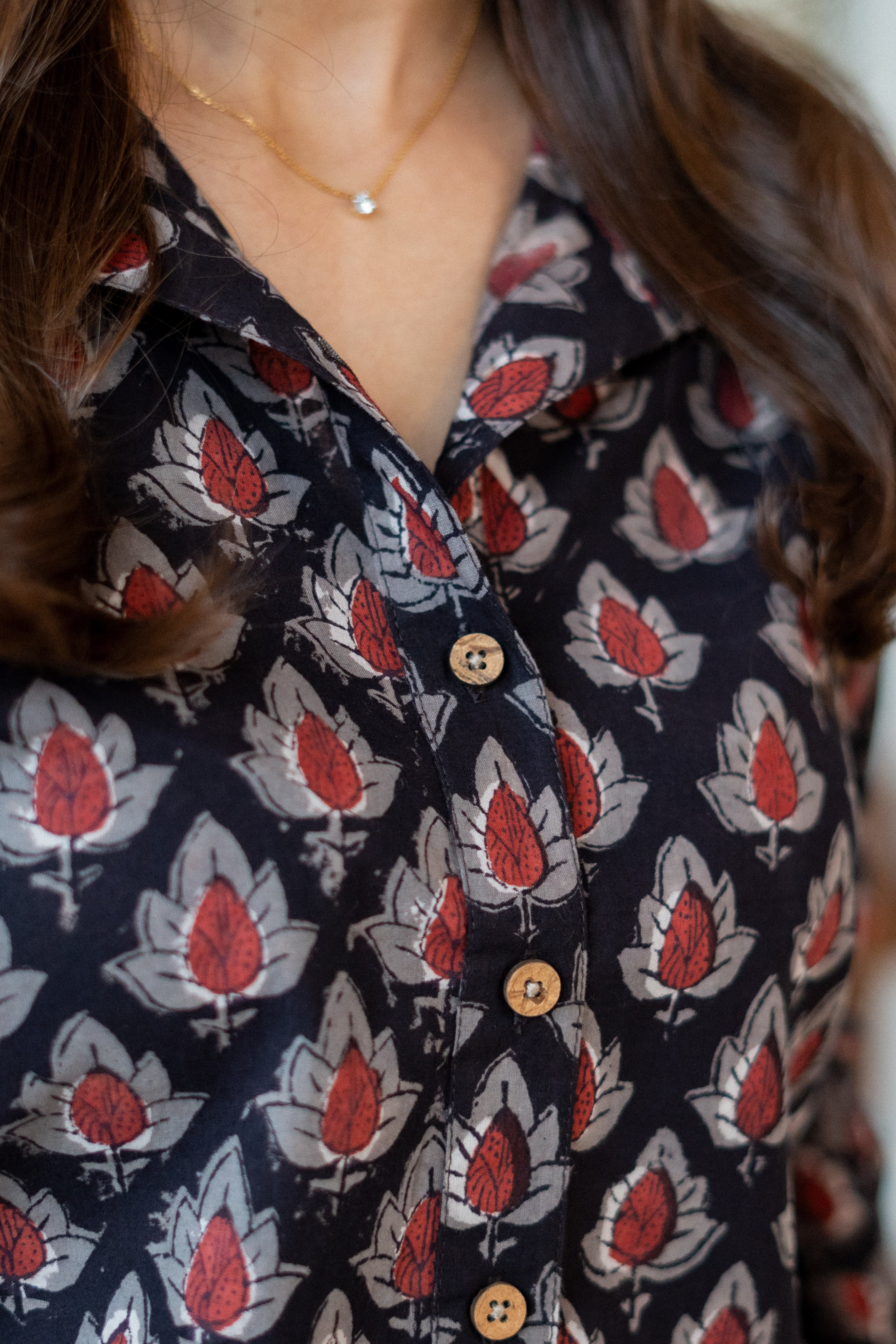 Black Maroon Leaf Handblock Cotton Shirt