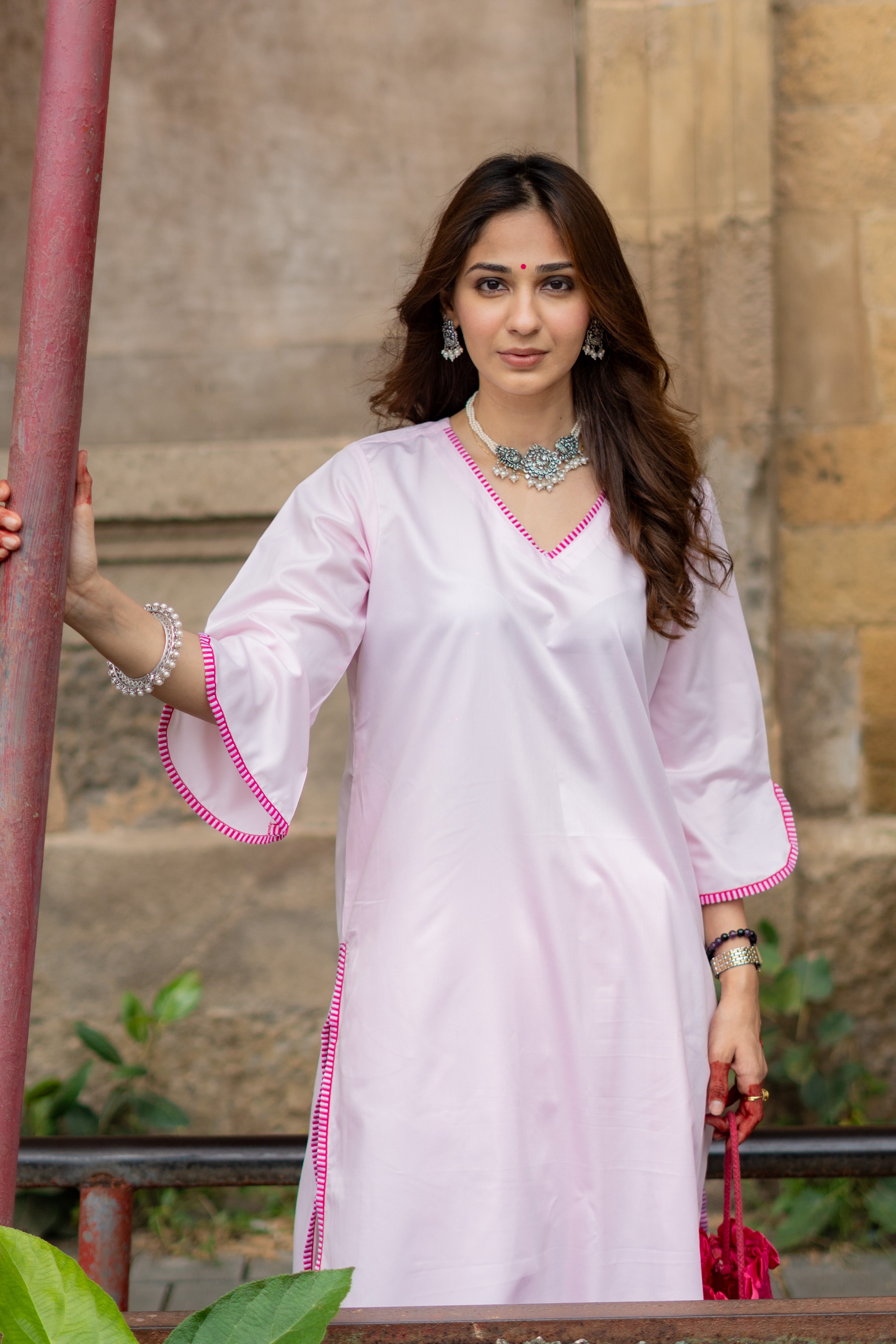 Baby Pink Farshi Salwar with Kurta and Bhagalpuri Ikkat Dupatta ( Full Set )