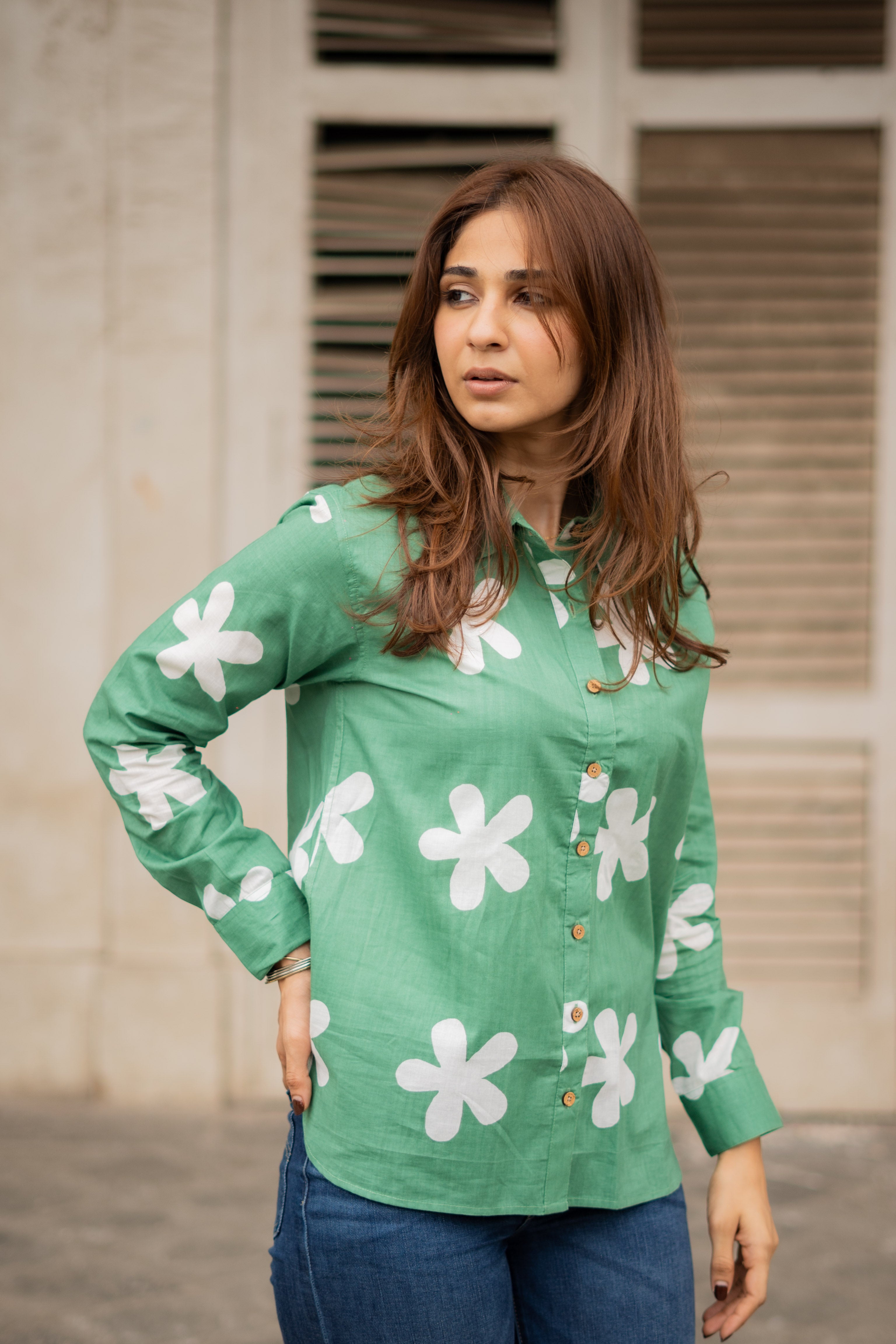 Green Spring Cotton Printed Shirt