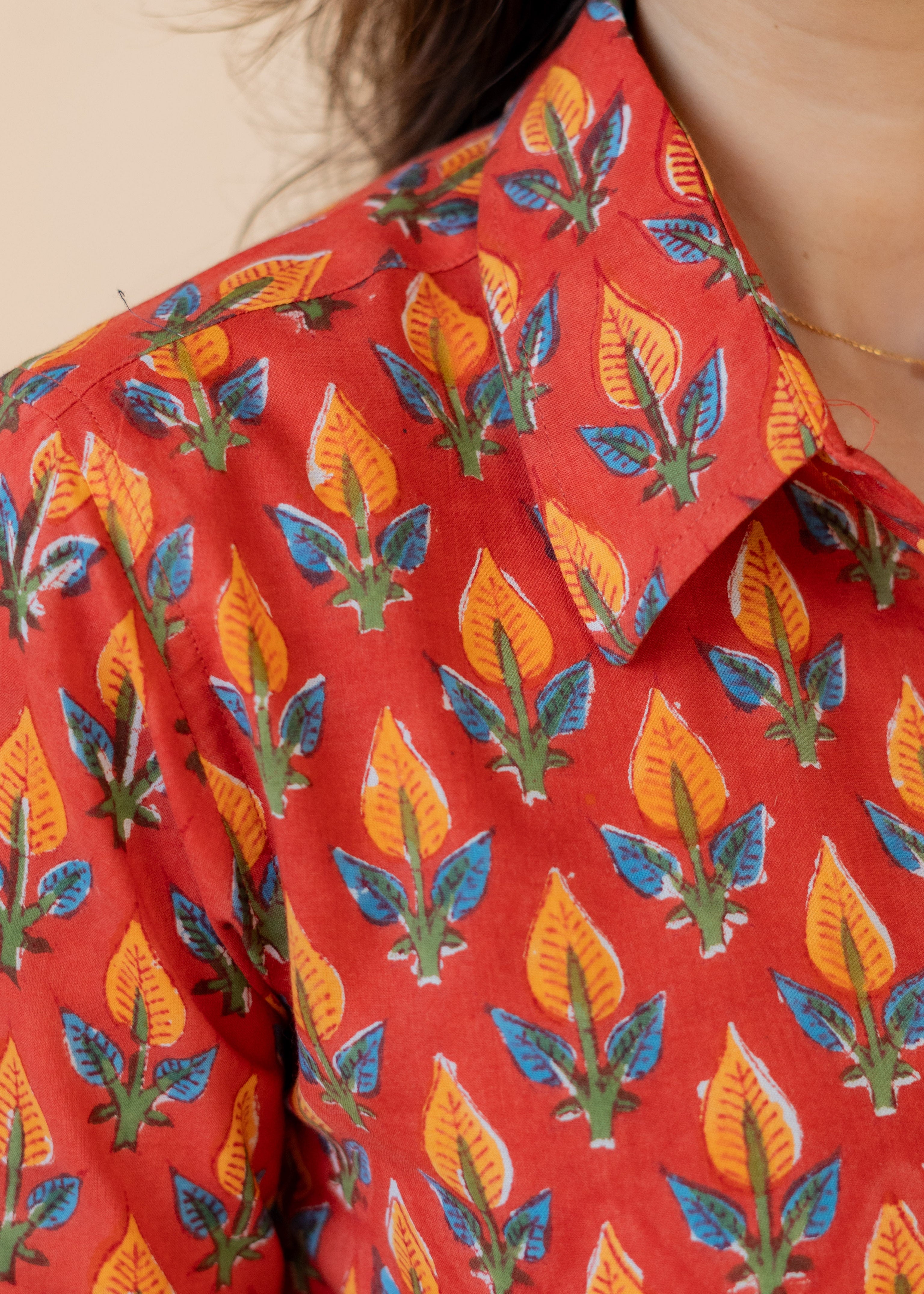 Mango Red Leaf Handblock Cotton Shirt