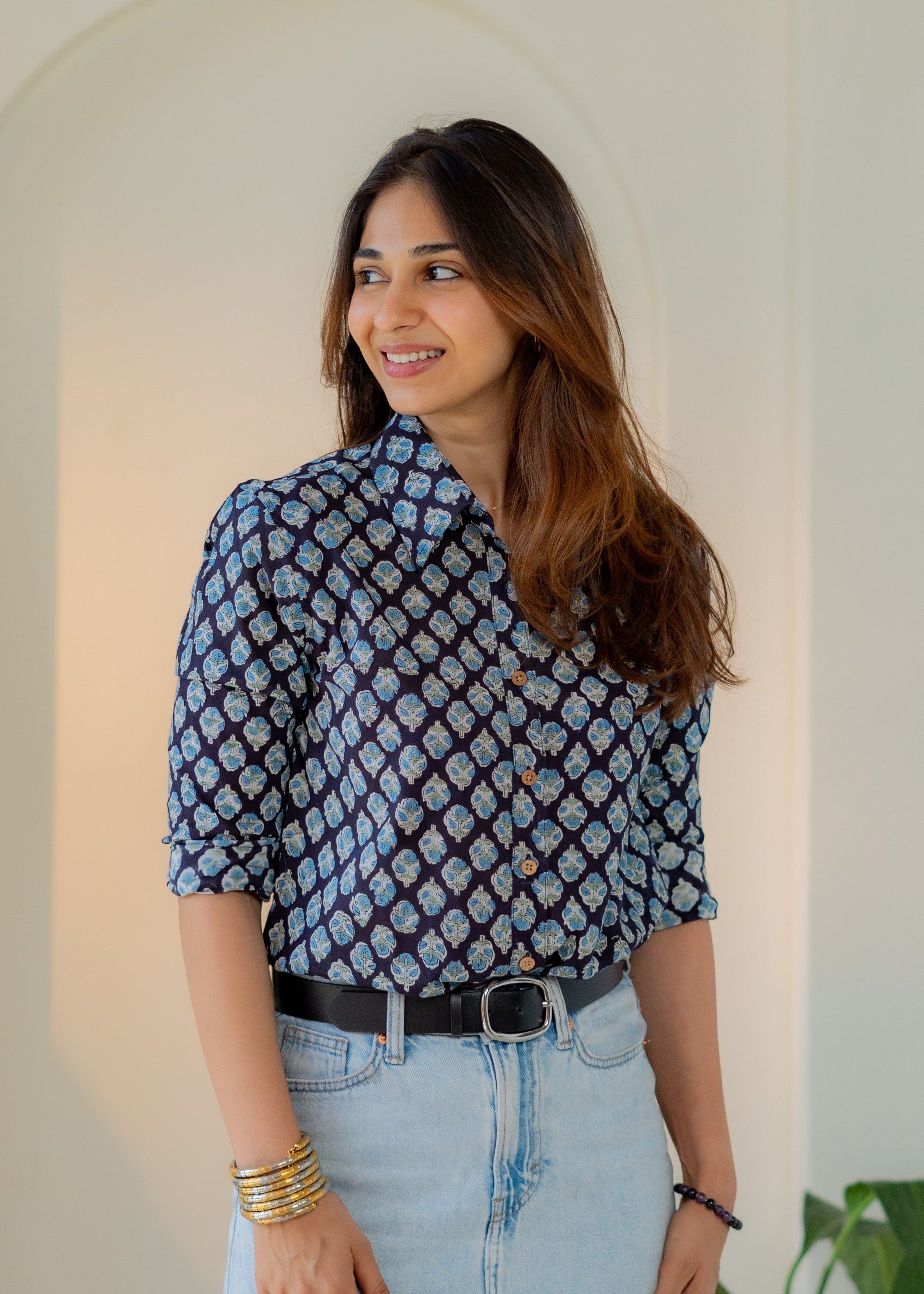 Blue Flower Block Print Shirt
