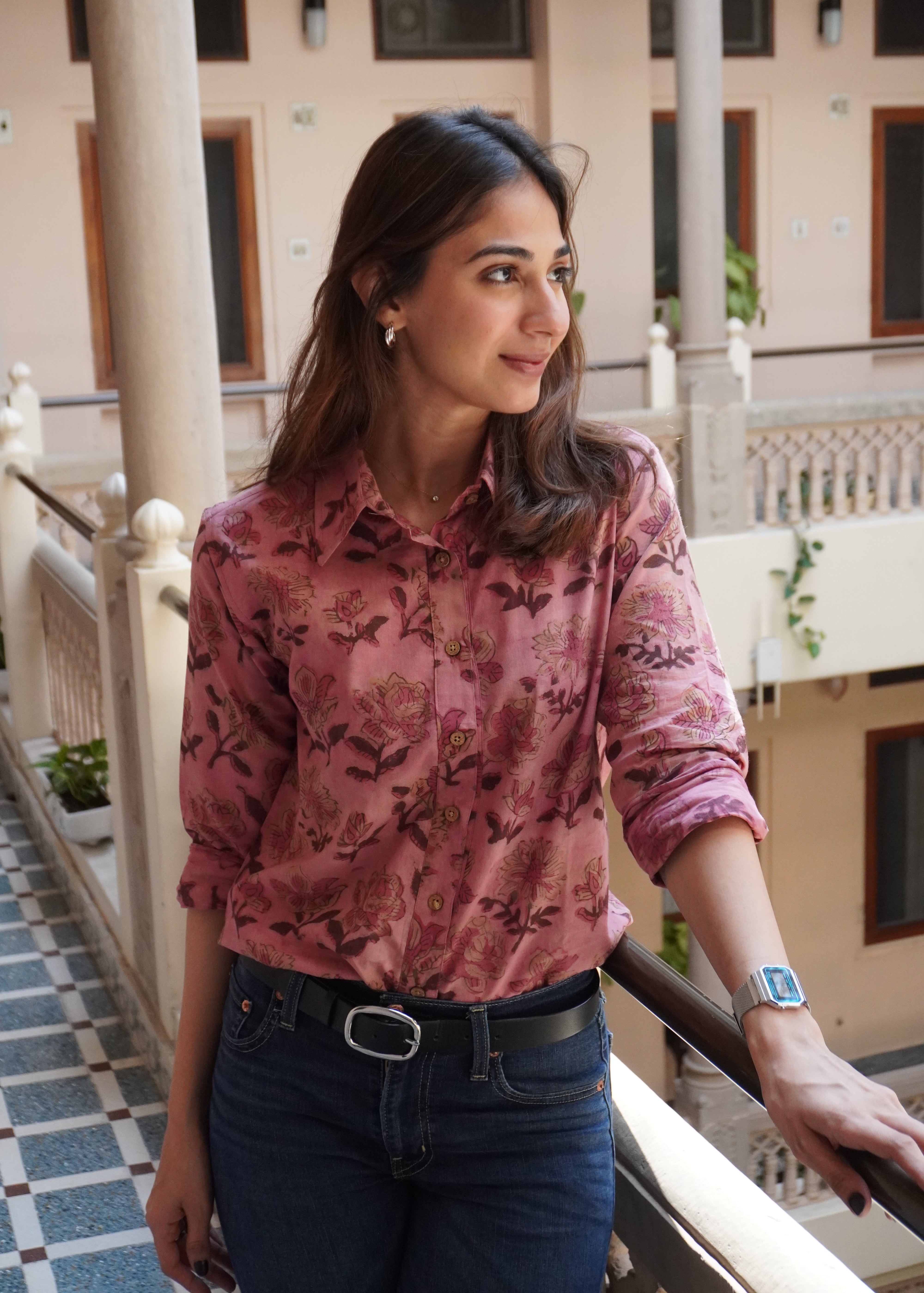 Pink Bagru Ajrakh Floral Handblock Shirt