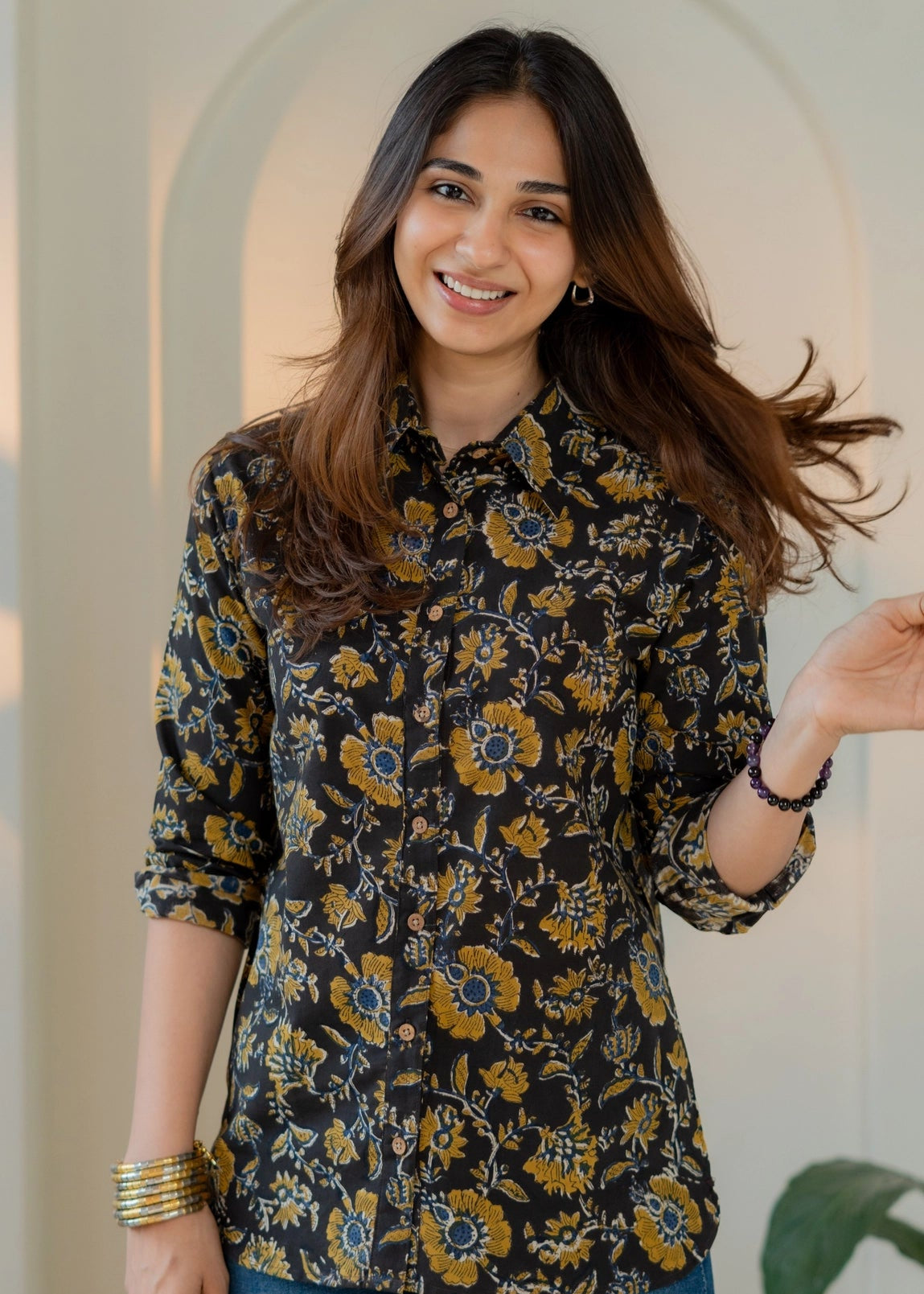 Mustard Floral Handblock Shirt
