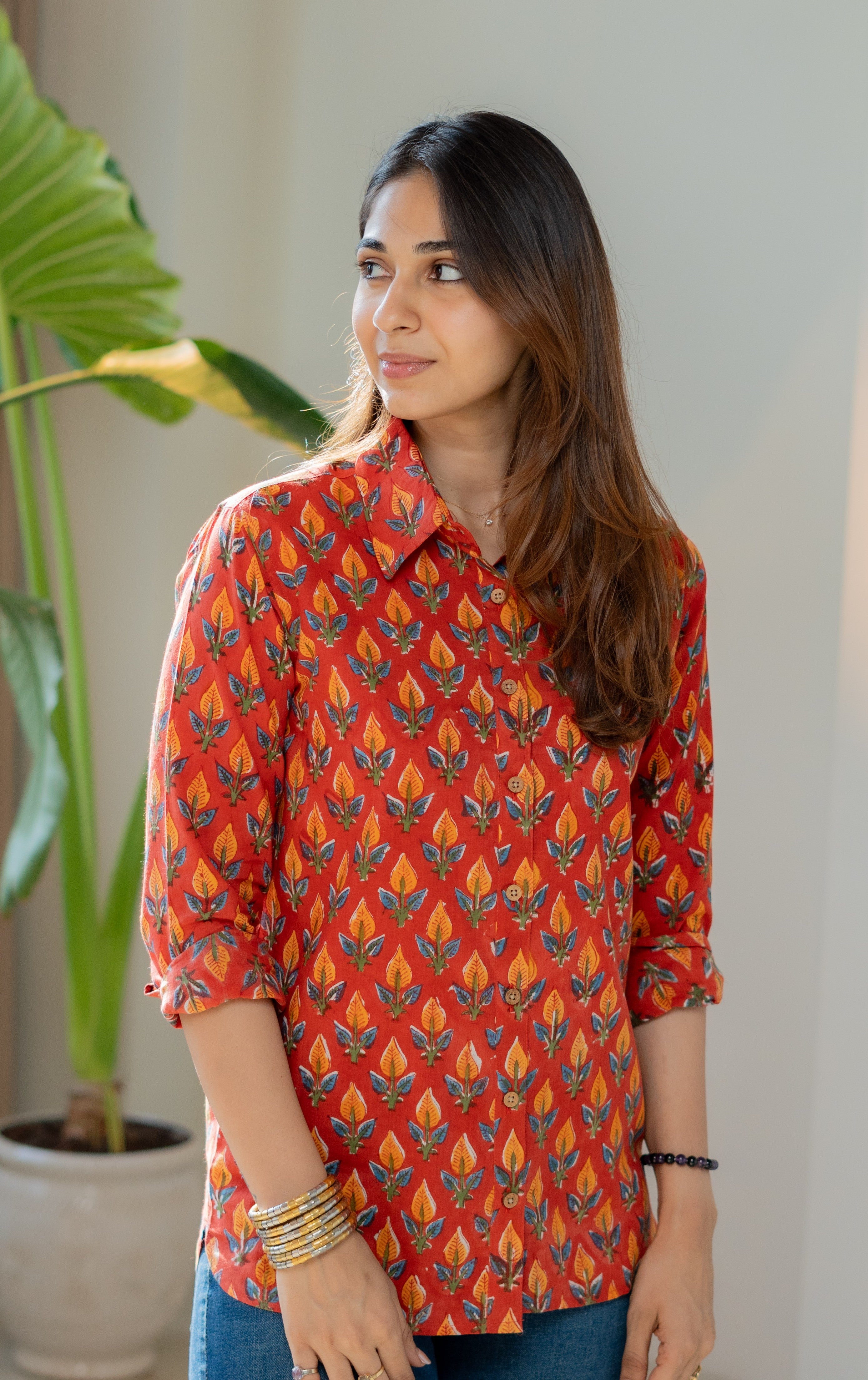 Mango Red Leaf Handblock Cotton Shirt