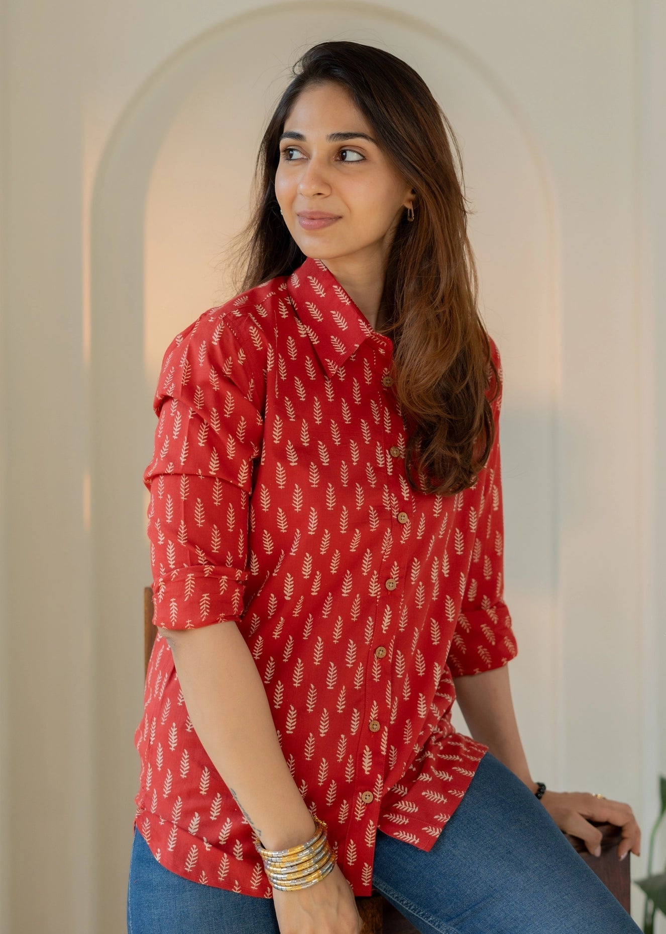 Red Leaf Block Print Shirt