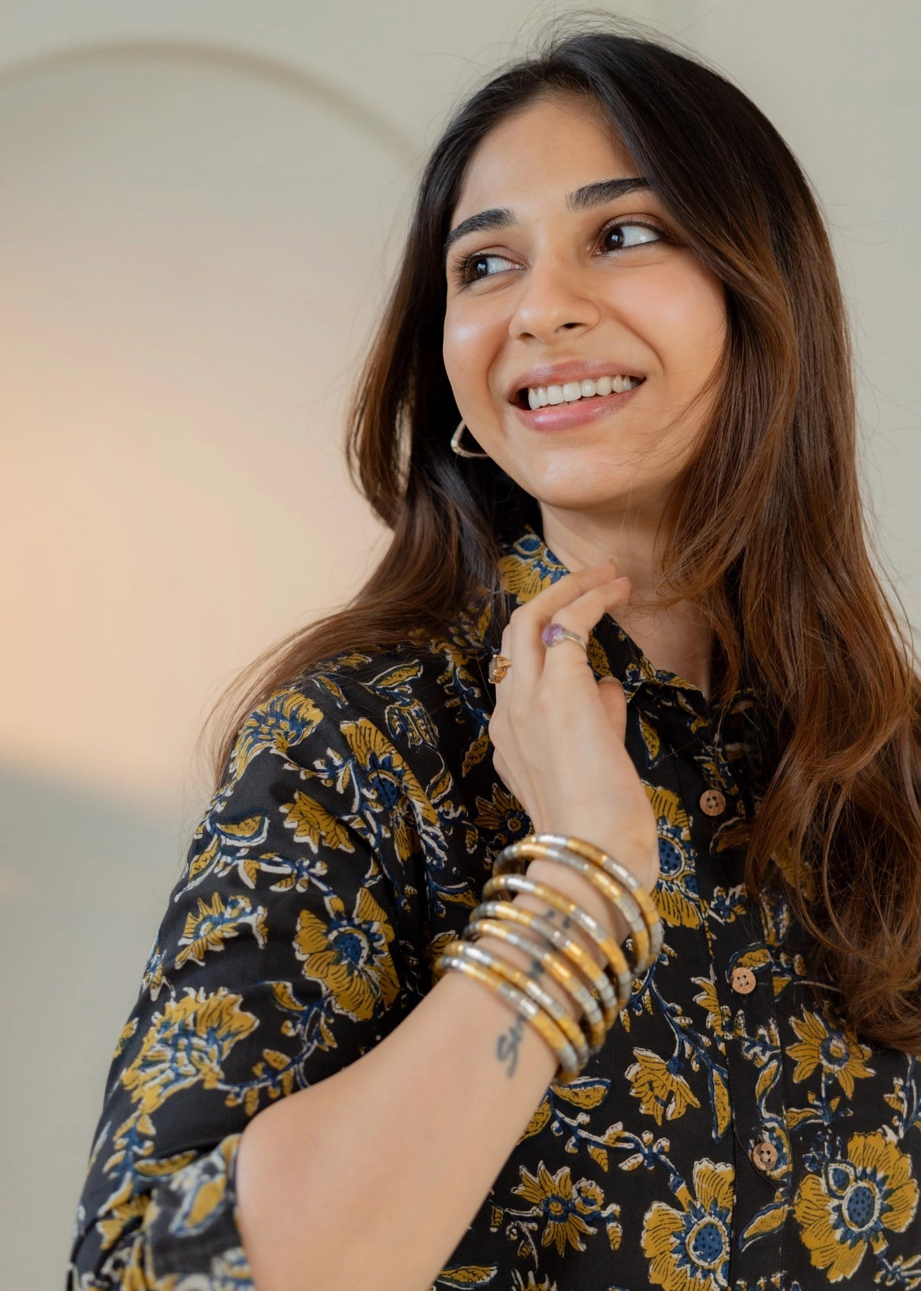 Mustard Floral Handblock Shirt